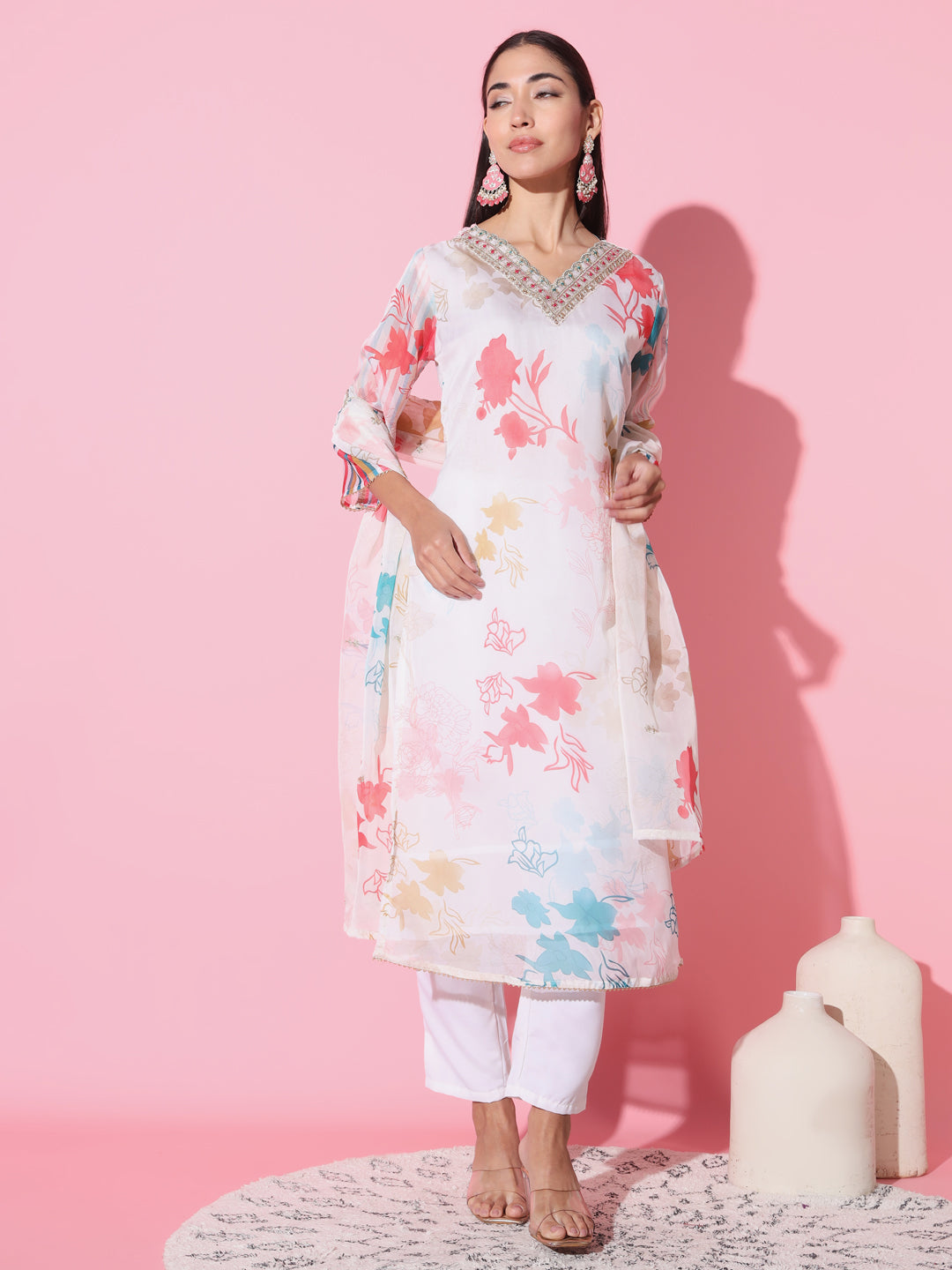 Women's V-Neck Floral-Printed Organza Fabric Kurta And Pant With Dupatta Set - Taantav