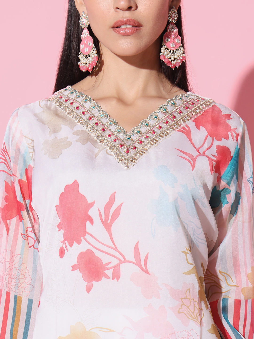 Women's V-Neck Floral-Printed Organza Fabric Kurta And Pant With Dupatta Set - Taantav