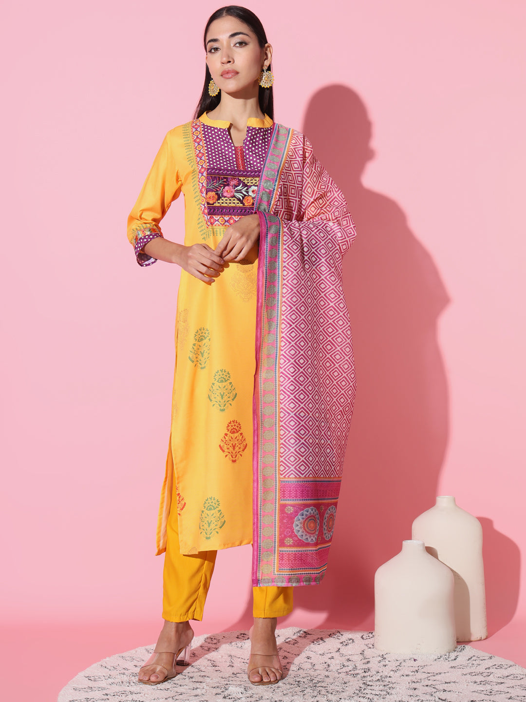 Women's Modal Collar Neck Embroidered Work Printed Muslin And Rayon Fabric Kurta Pant Set Comes With Chanderi Dupatta - Taantav