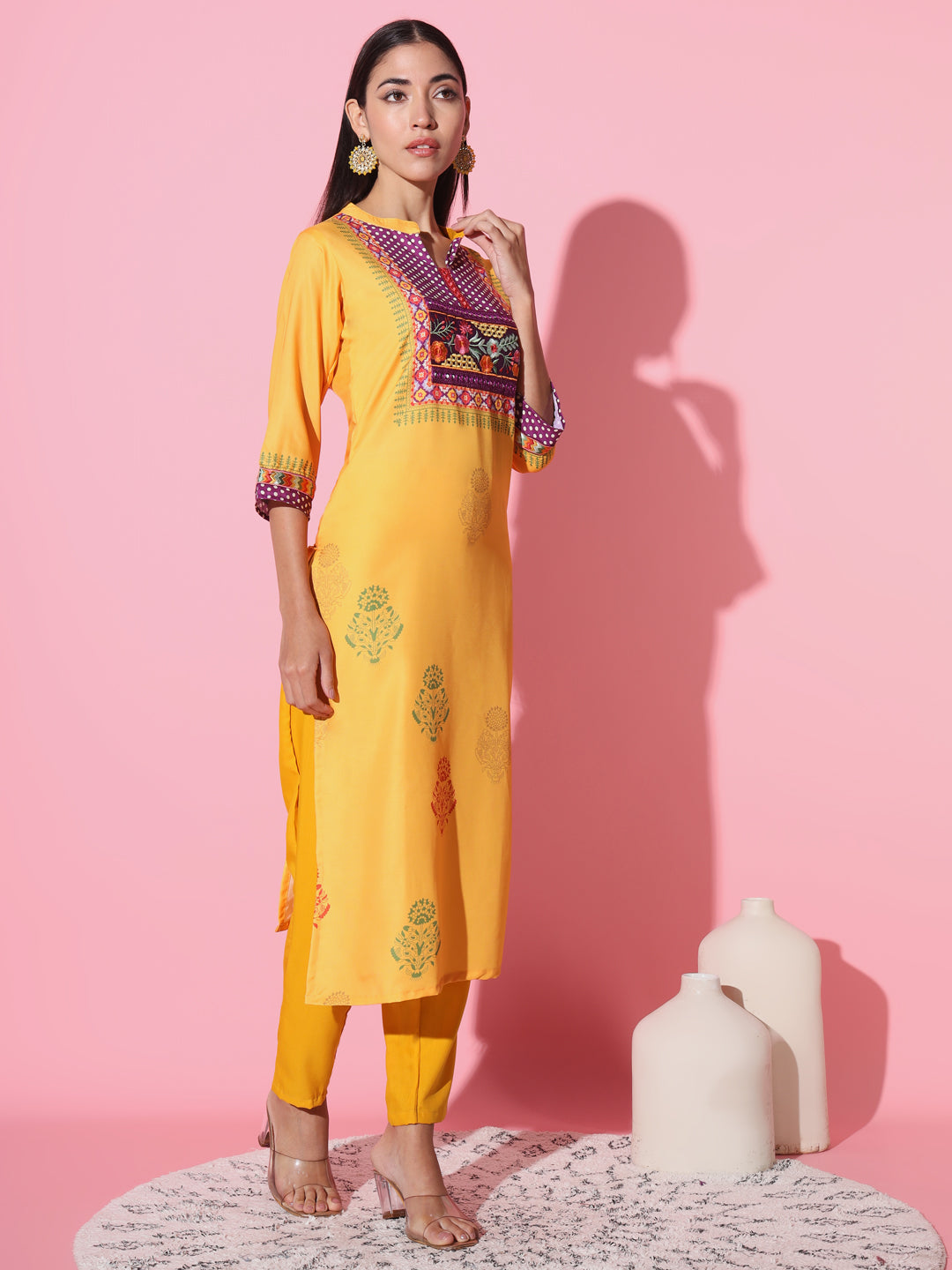 Women's Modal Collar Neck Embroidered Work Printed Muslin And Rayon Fabric Kurta Pant Set Comes With Chanderi Dupatta - Taantav