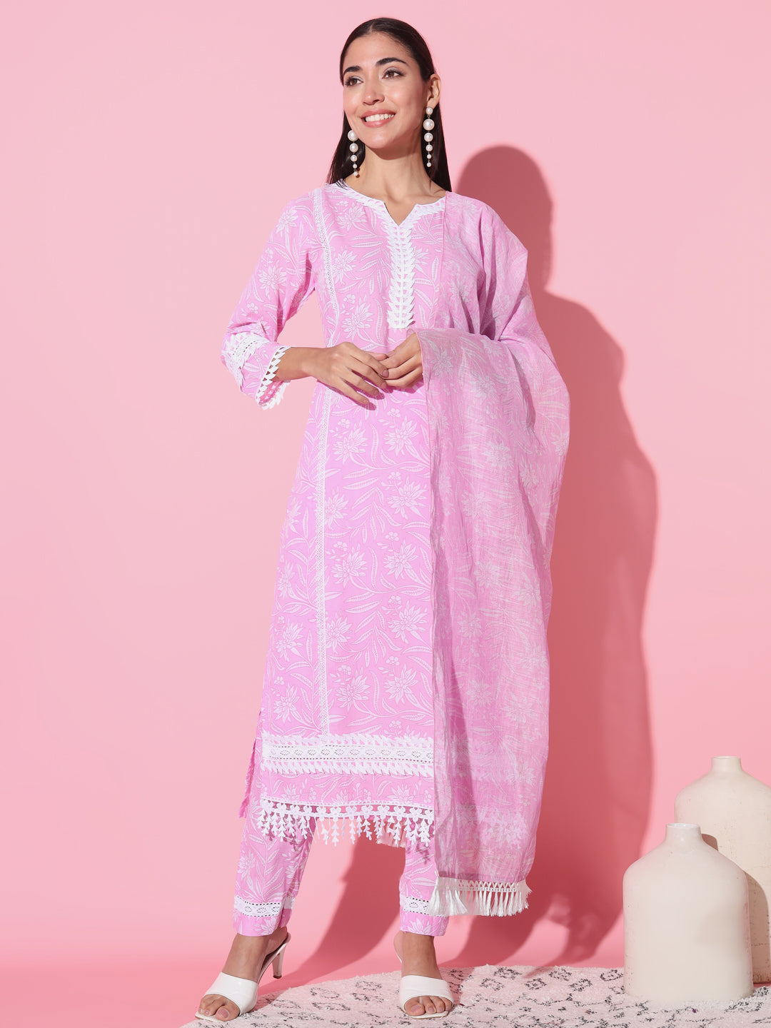 Women's Round Neck Embroidered Work Soft Cotton Silk Fabric Kurta & Pant With Dupatta Set - Taantav