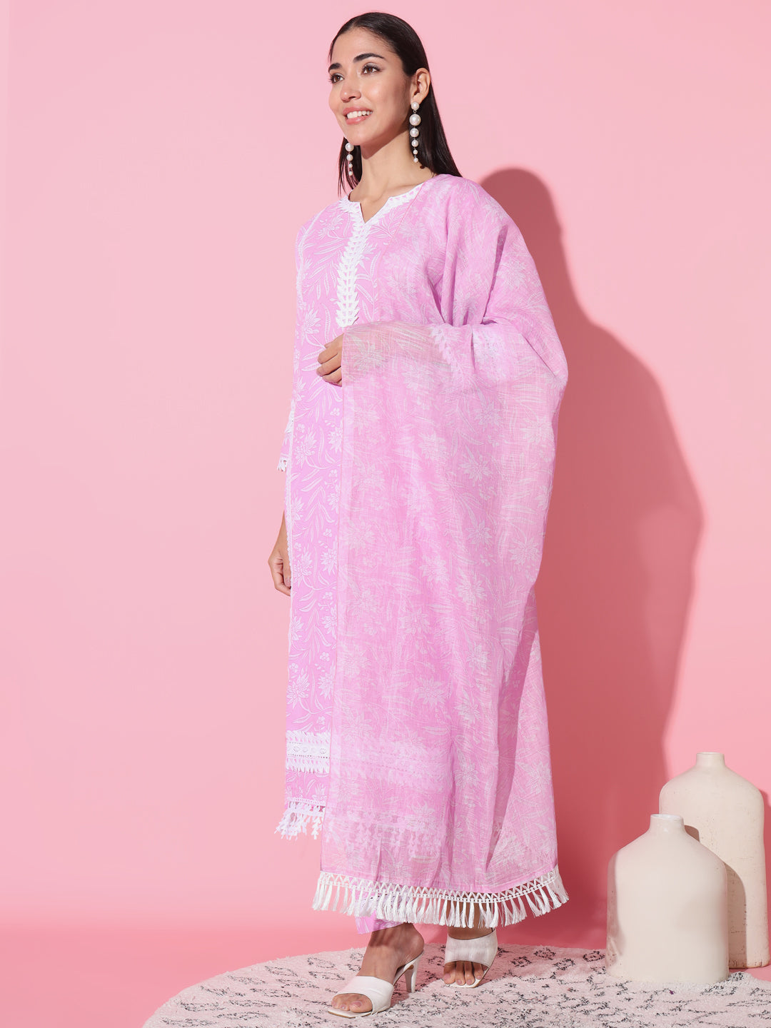 Women's Round Neck Embroidered Work Soft Cotton Silk Fabric Kurta & Pant With Dupatta Set - Taantav