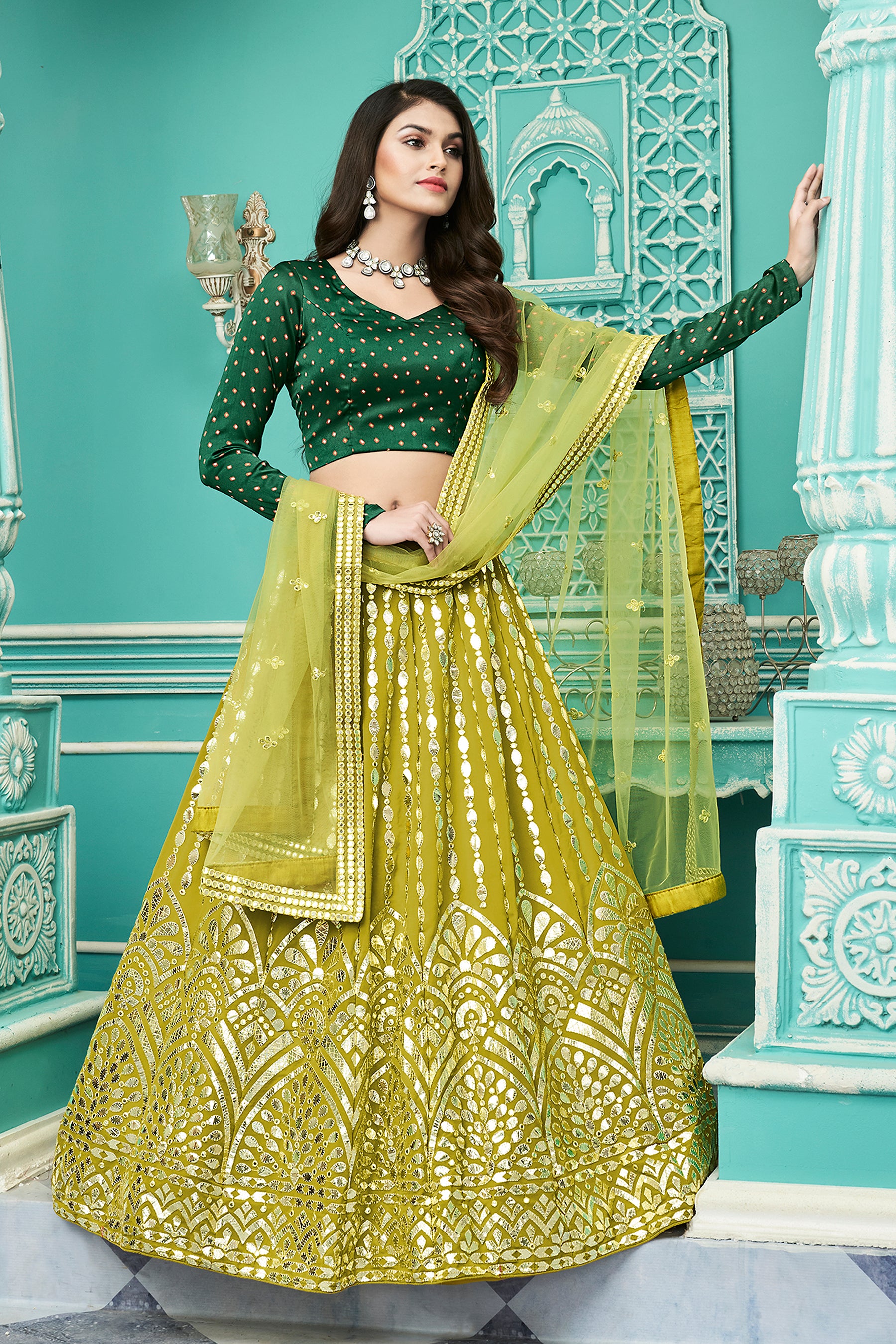 Women's Floracance Green Georgette Embroidered Lehenga Set - Shubhkala