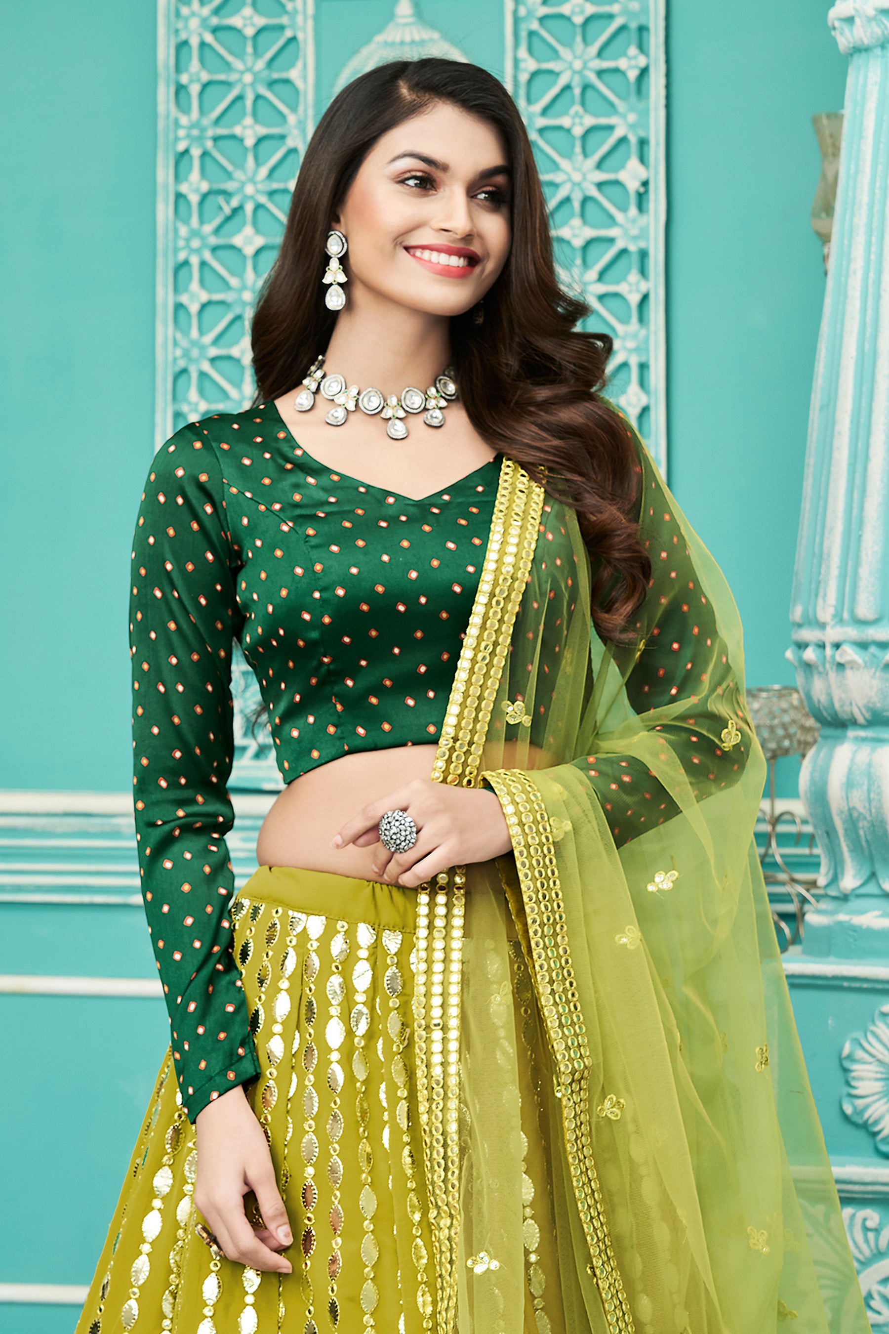 Women's Floracance Green Georgette Embroidered Lehenga Set - Shubhkala