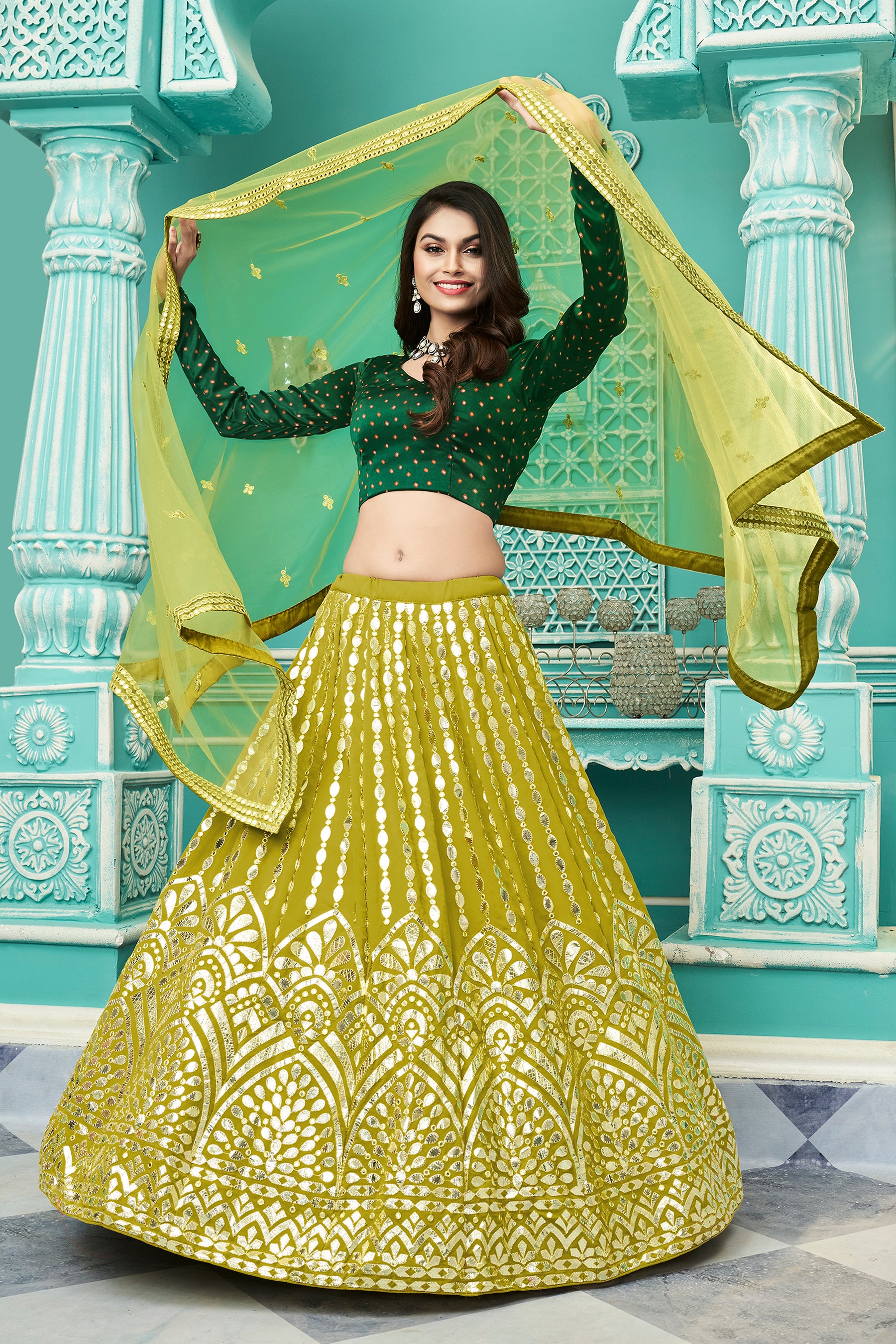 Women's Floracance Green Georgette Embroidered Lehenga Set - Shubhkala