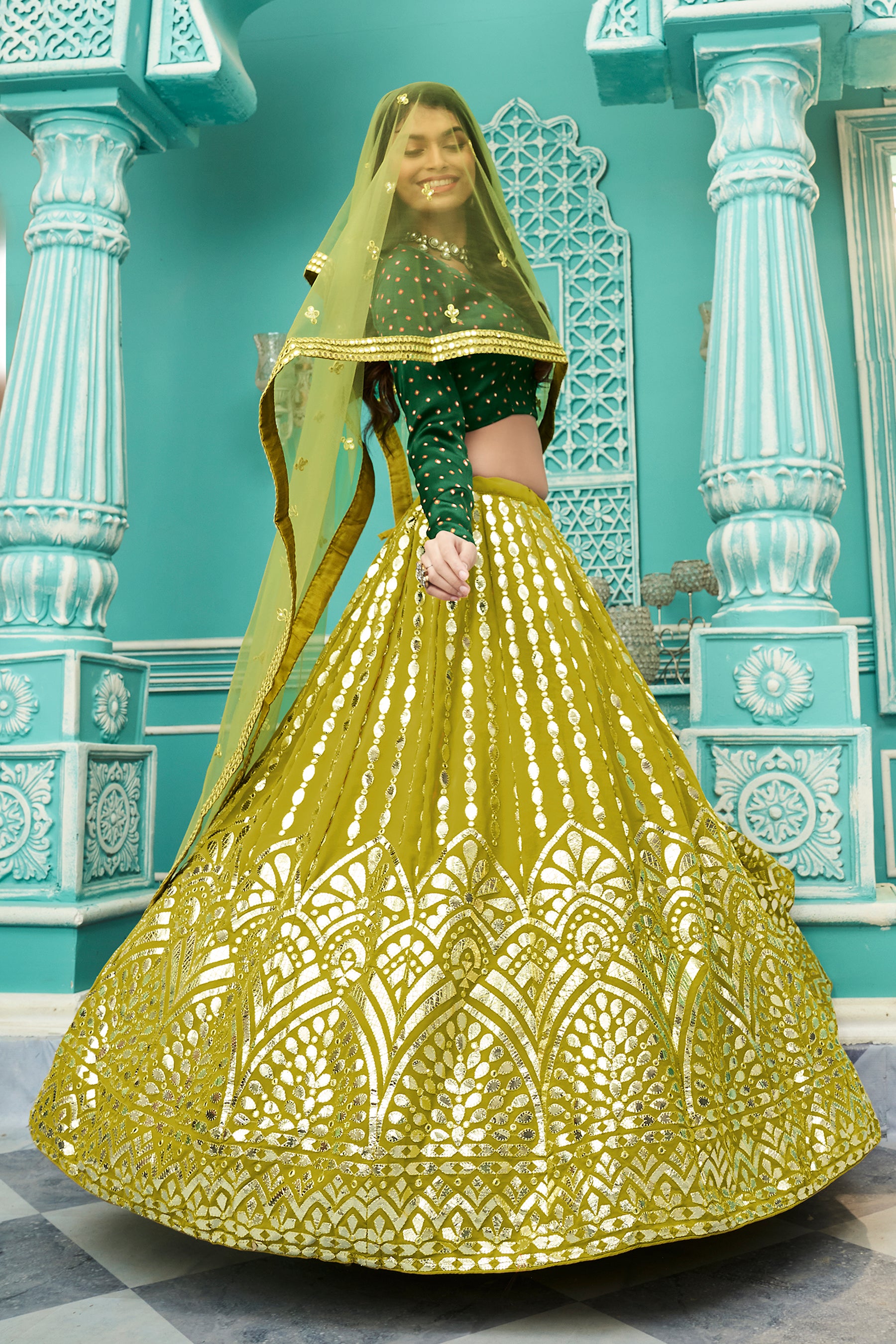 Women's Floracance Green Georgette Embroidered Lehenga Set - Shubhkala