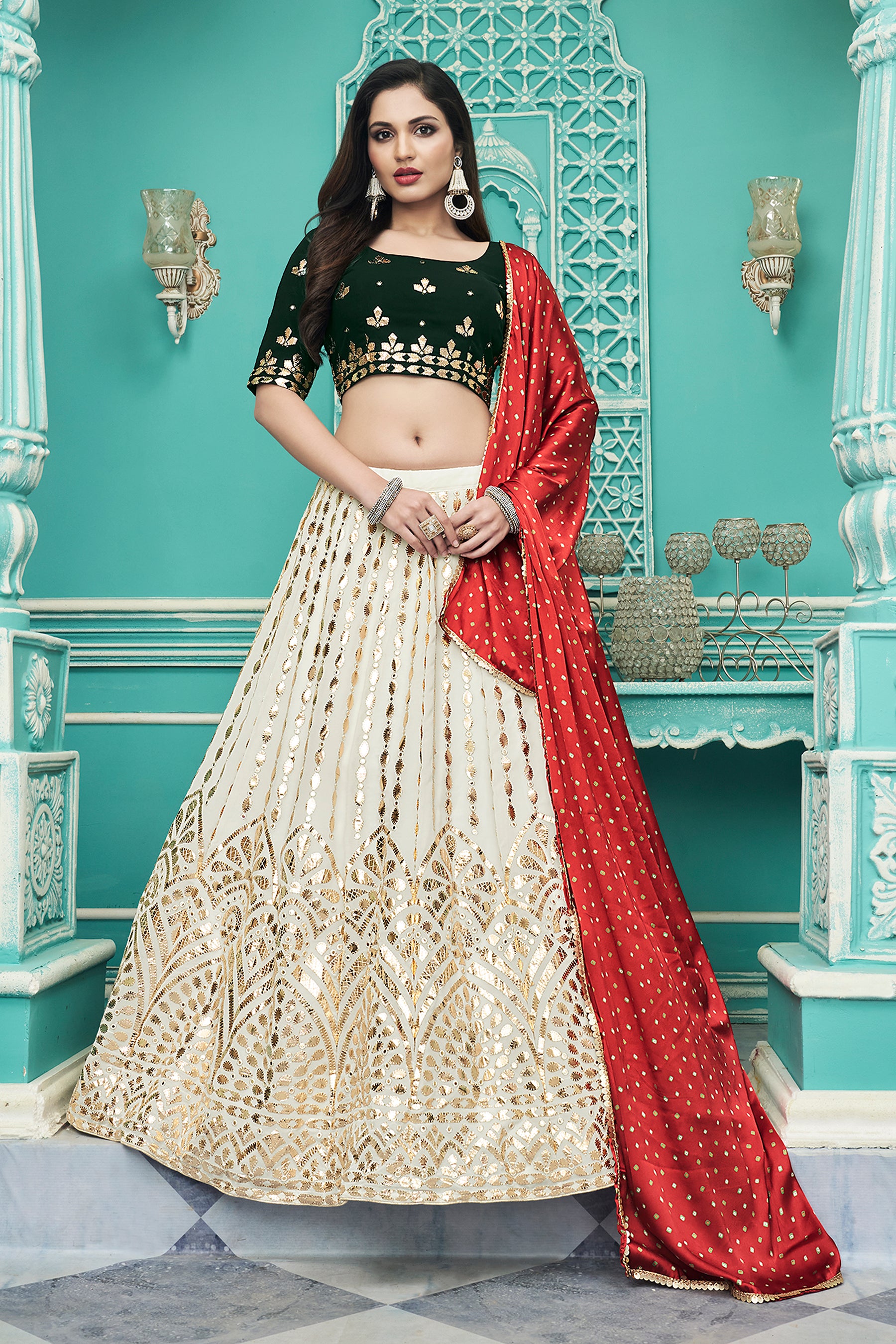 Women's Off-White Georgette Embroidered Lehenga Set - Shubhkala