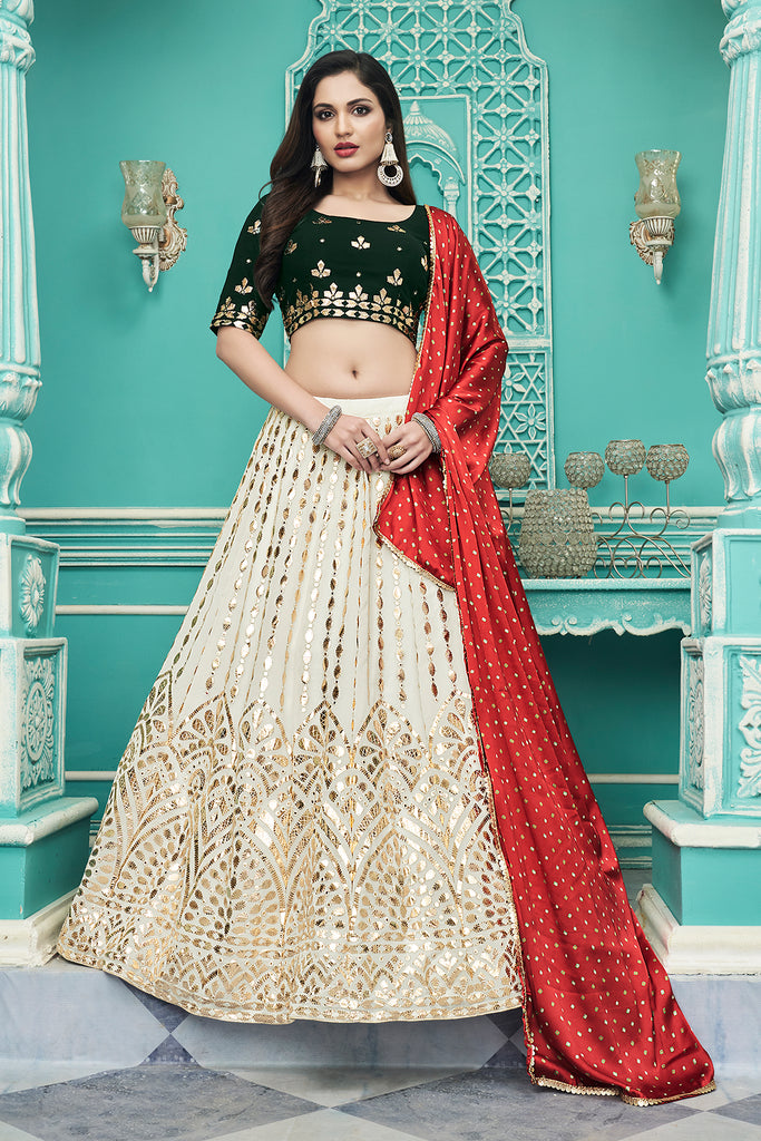 Women's Off-White Georgette Embroidered Lehenga Set
