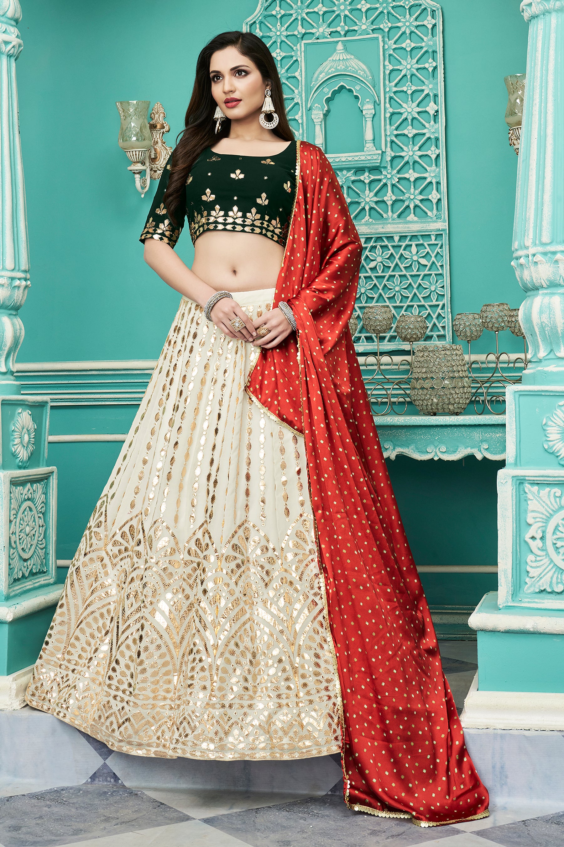 Women's Off-White Georgette Embroidered Lehenga Set - Shubhkala