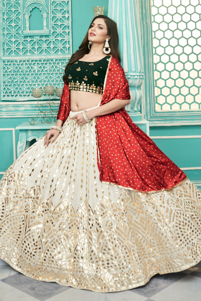 Women's Off-White Georgette Embroidered Lehenga Set