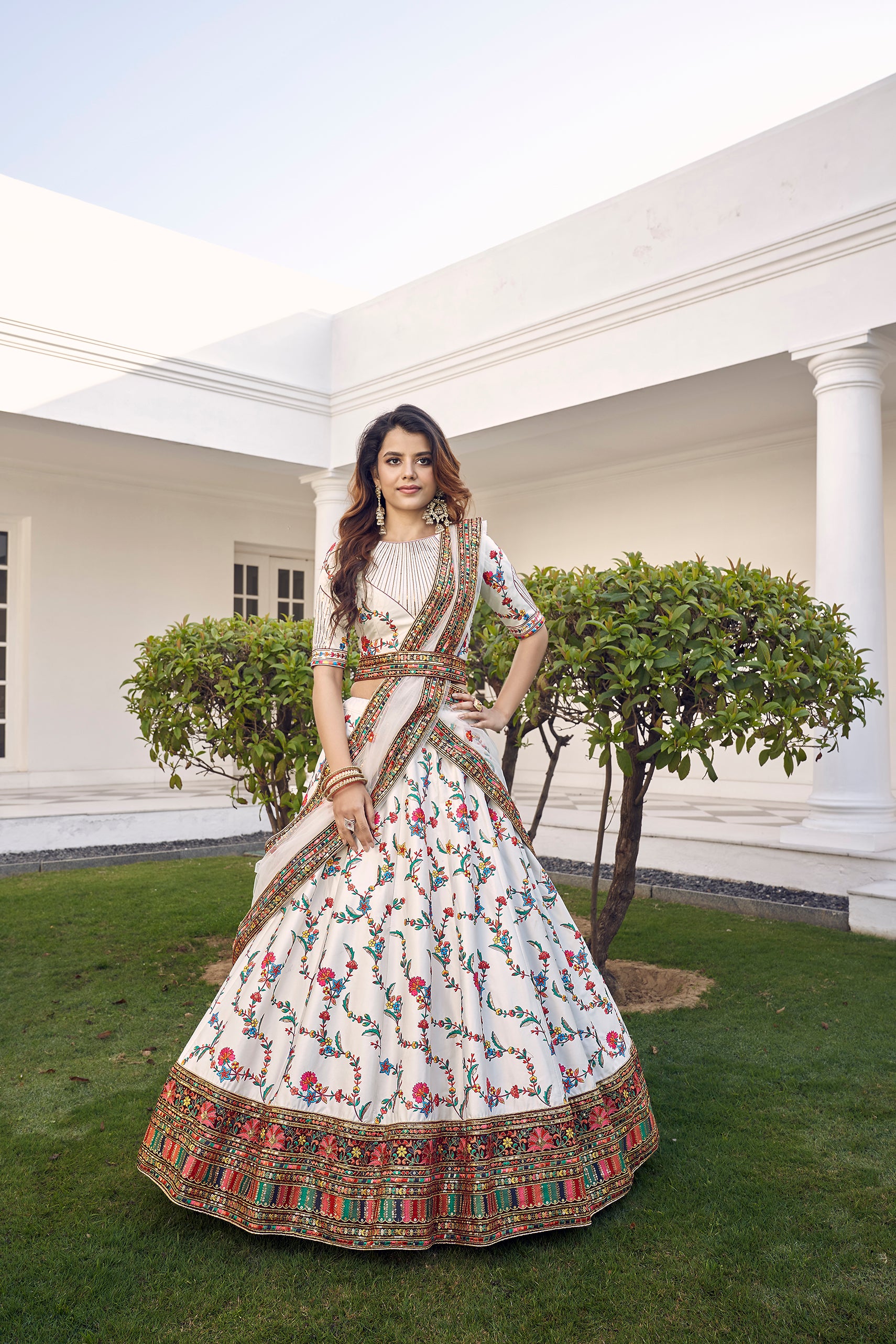 Women's White Silk Thread Embroidered Lehenga Set - Shubhkala