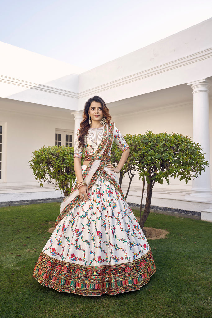 Women's White Silk Thread Embroidered Lehenga Set