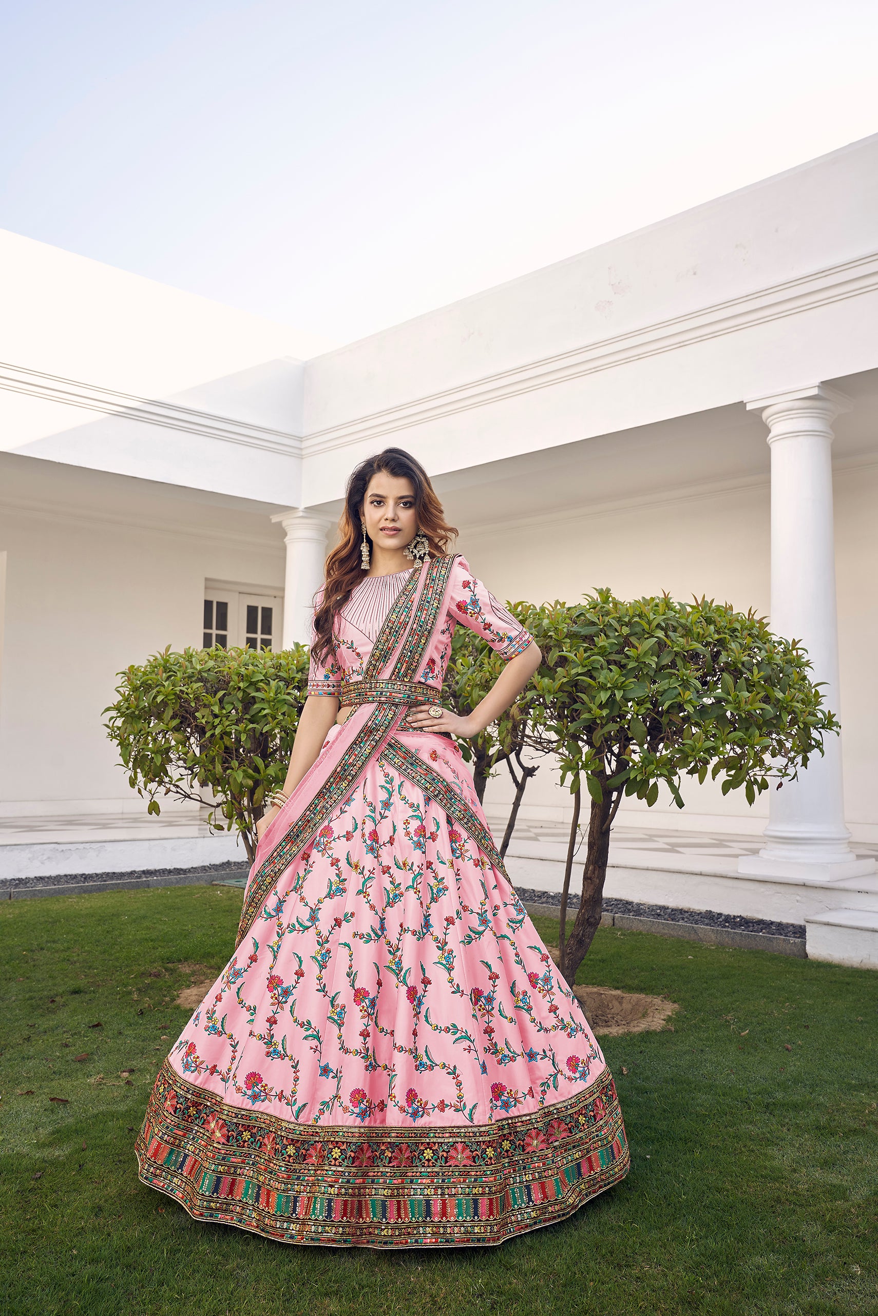 Women's Pink Silk Thread Embroidered Lehenga Set - Shubhkala