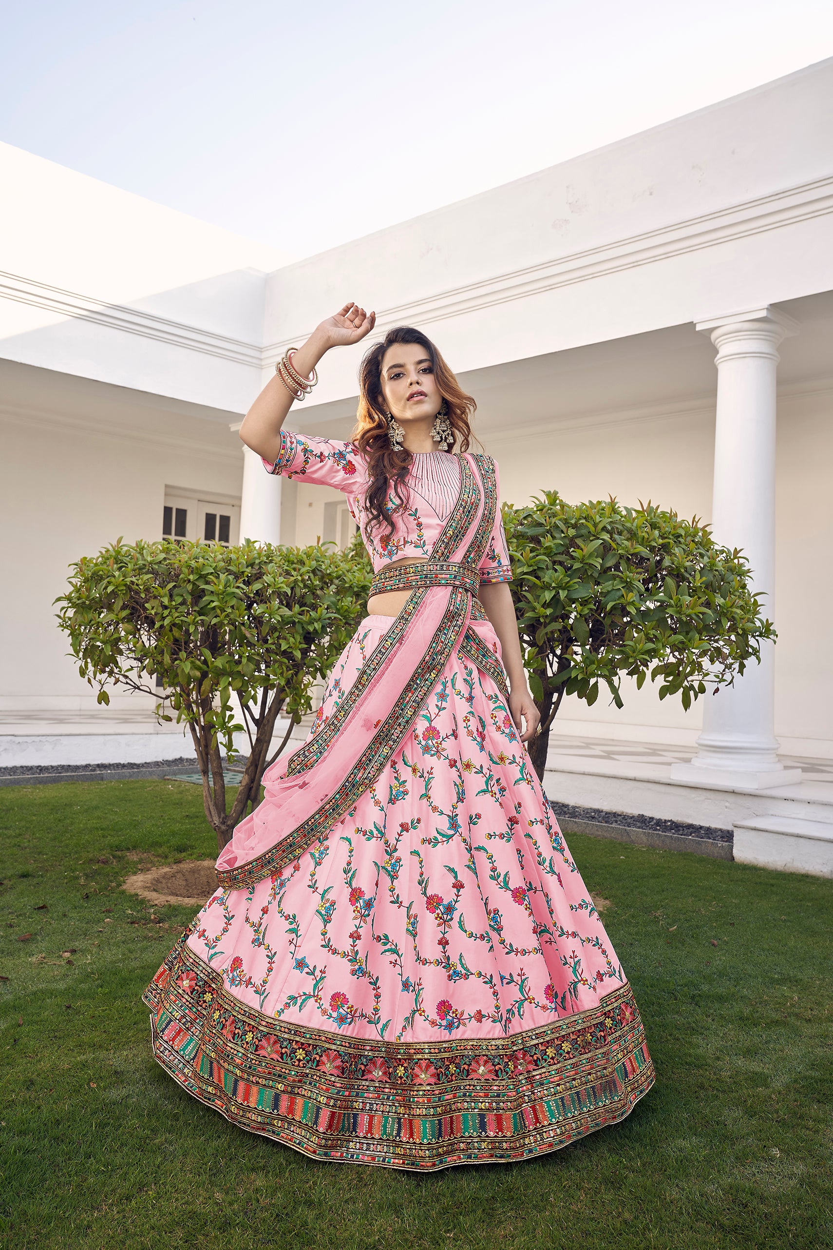 Women's Pink Silk Thread Embroidered Lehenga Set - Shubhkala