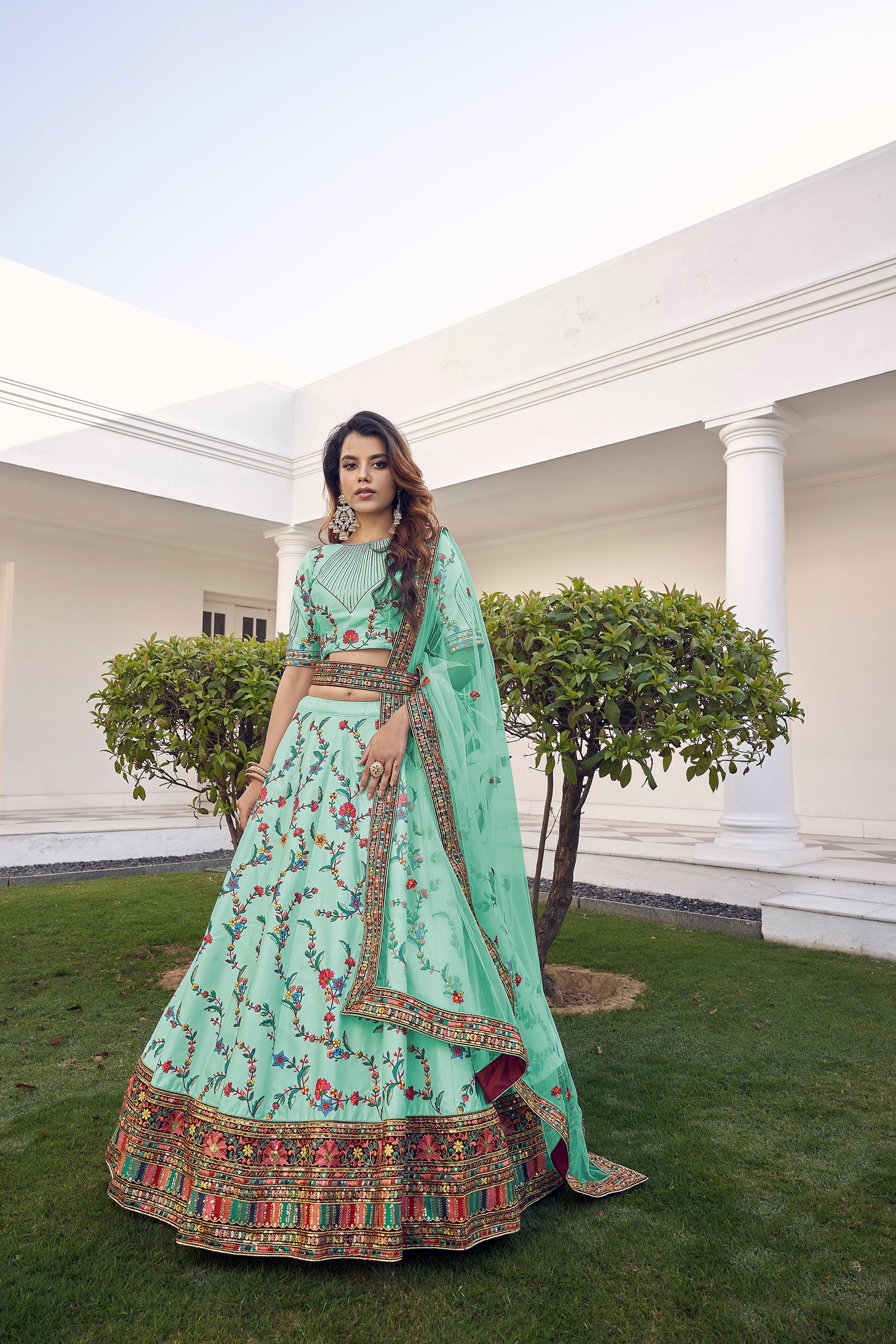 Women's Pista Green Silk Thread Embroidered Lehenga Set - Shubhkala