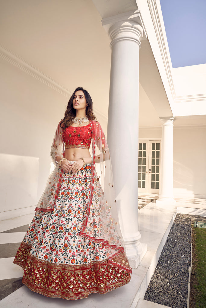 Women's White Art Silk Thread Embroidered Lehenga Set