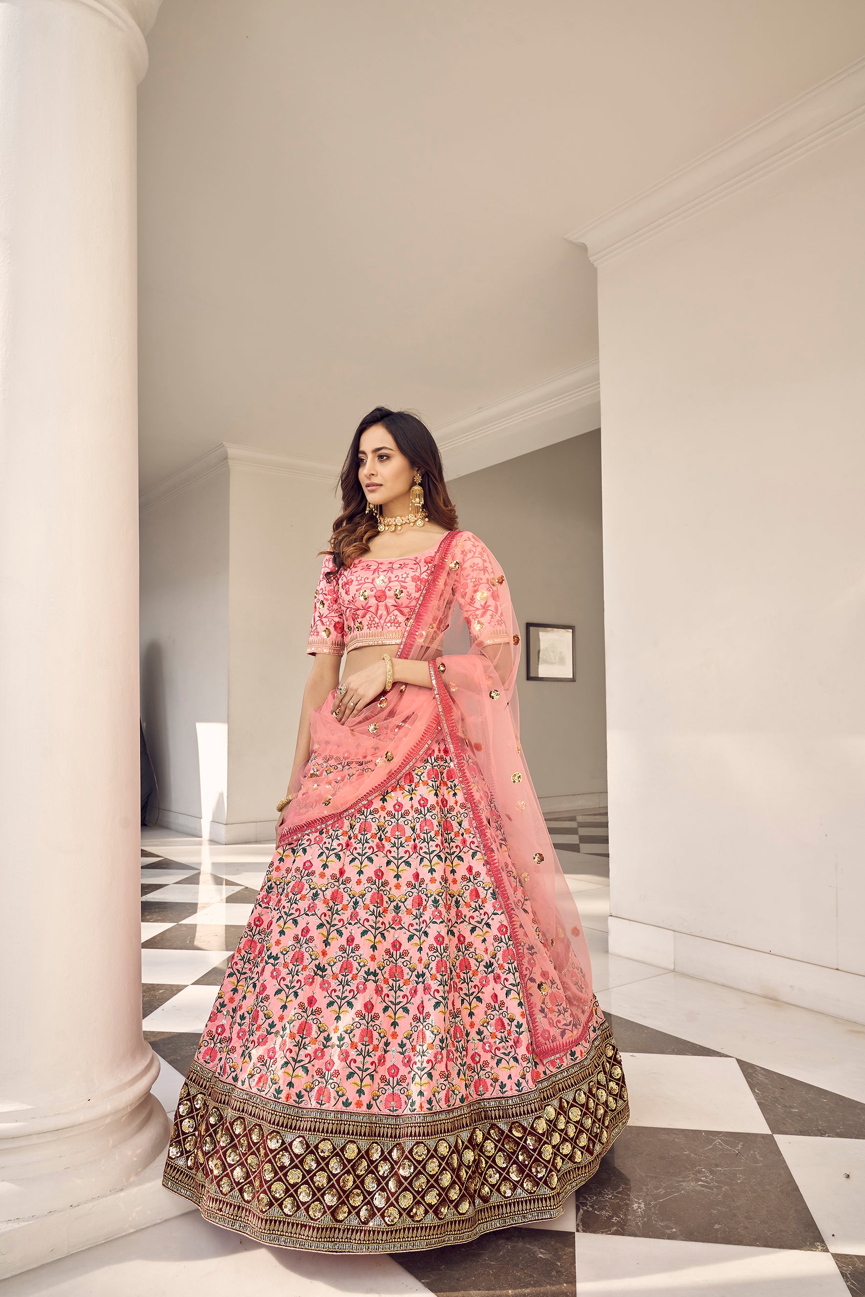 Women's Pink Art Silk Thread Embroidered Lehenga Set - Shubhkala