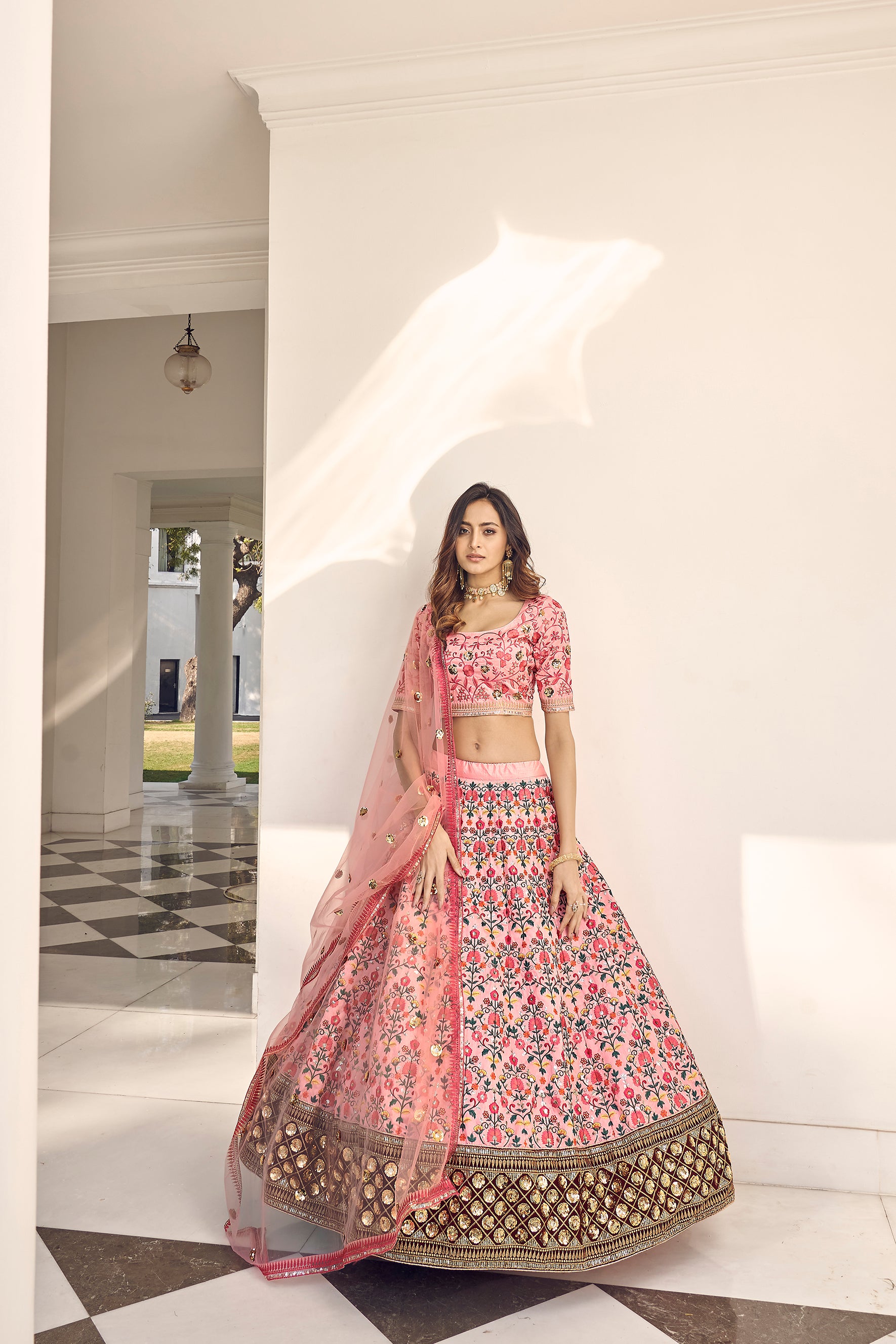 Women's Pink Art Silk Thread Embroidered Lehenga Set - Shubhkala