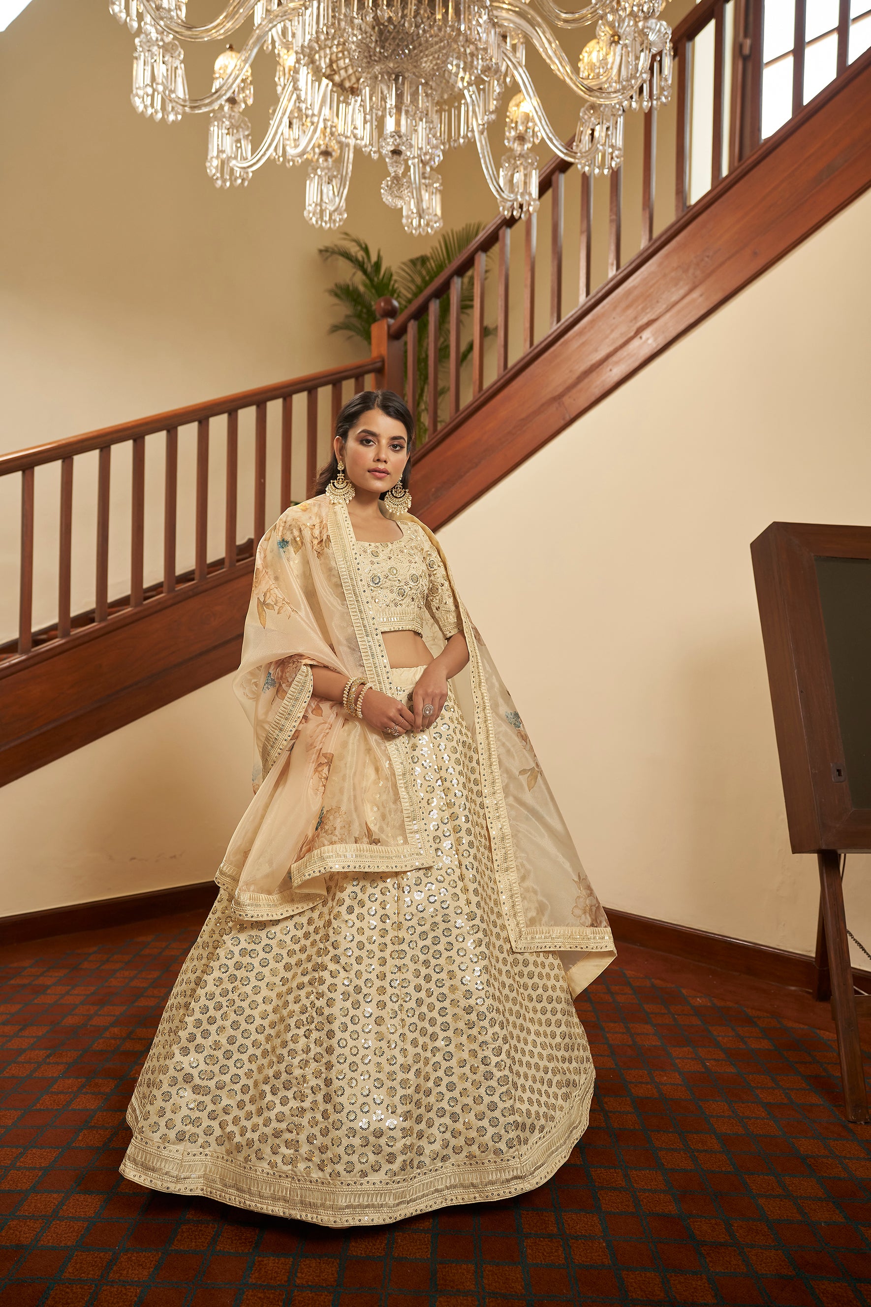 Women's Beige Art Silk Thread With Sequince Embroidered Lehenga Set - Shubhkala