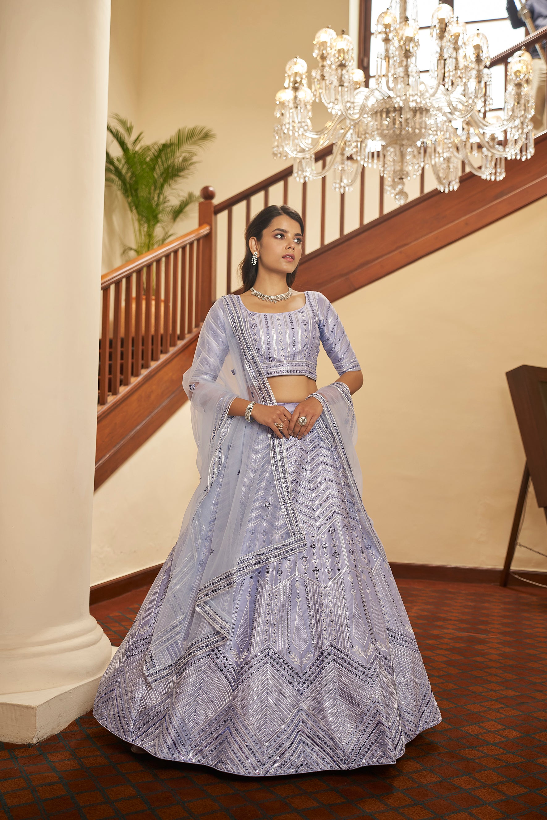 Women's Lavender Silk Thread With Sequince Embroidered Lehenga Set - Shubhkala