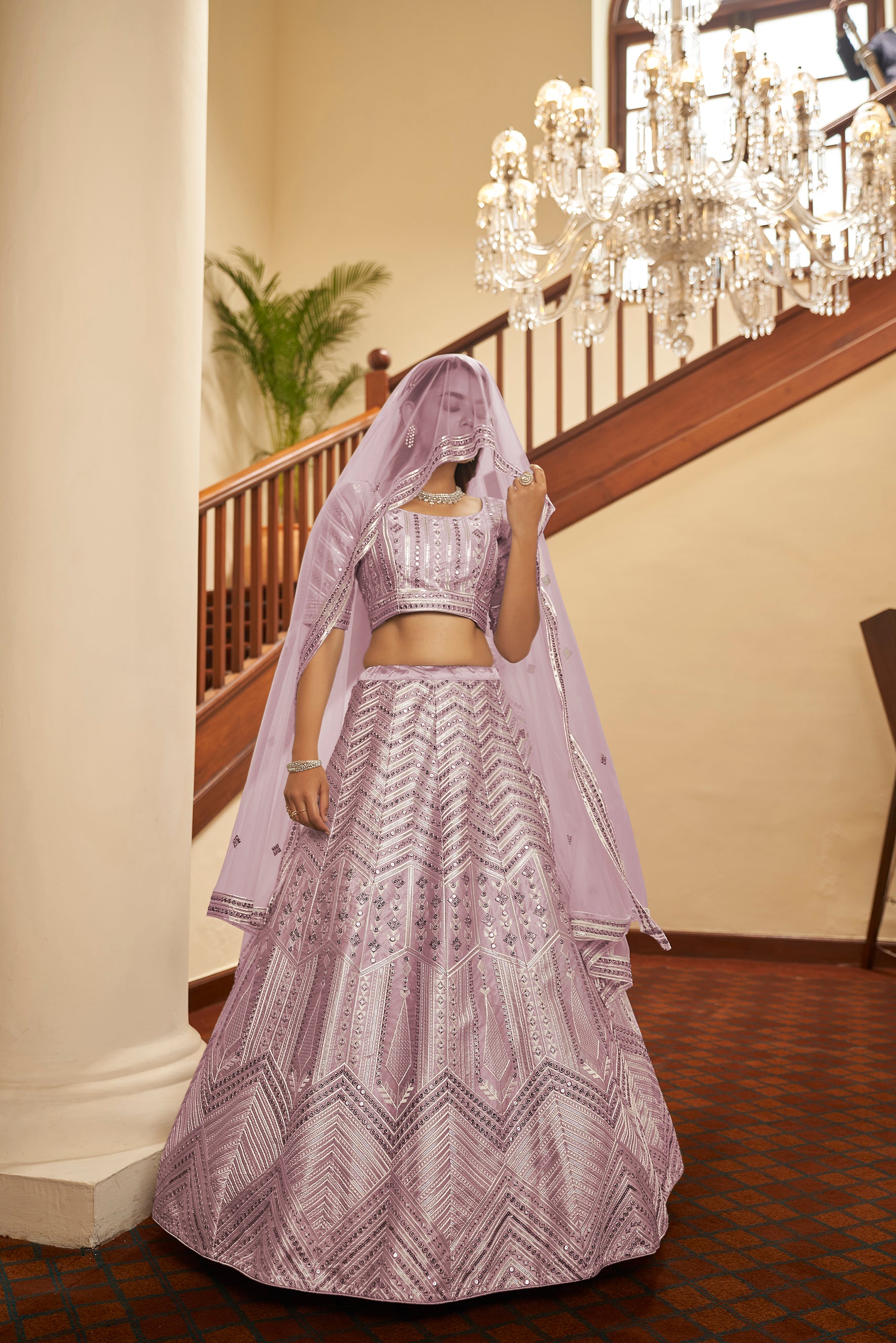 Women's Dusty Pink Silk Thread With Sequince Embroidered Lehenga Set - Shubhkala