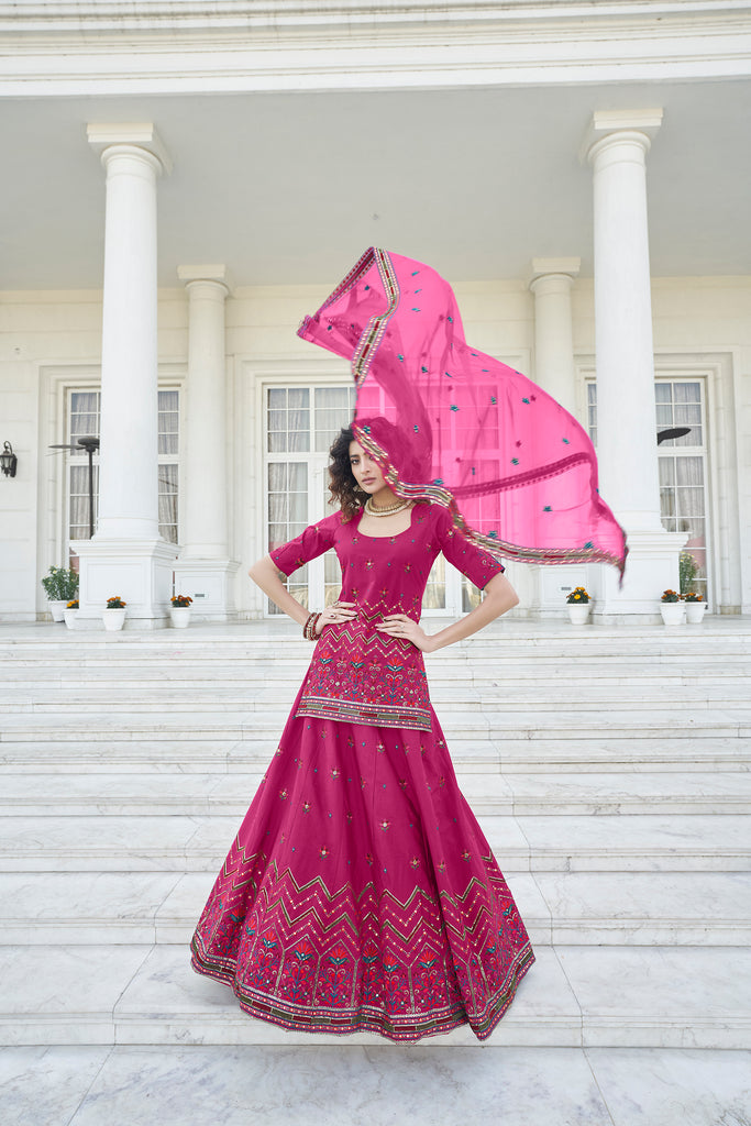 Women's Deep Pink Chinon Chiffon Thread With Sequince Embroidered Lehenga Set