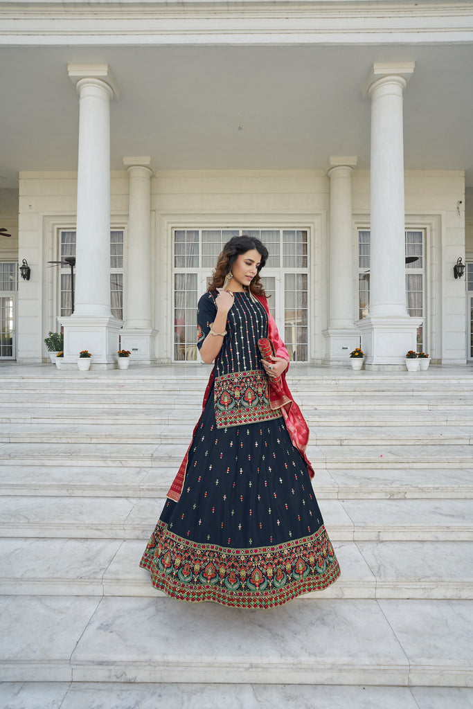 Women's Navy Blue Chinon Chiffon Thread With Sequince Embroidered Lehenga Set