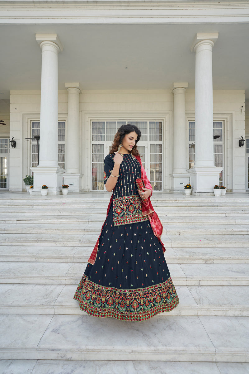 Women's Navy Blue Chinon Chiffon Thread With Sequince Embroidered Lehe ...
