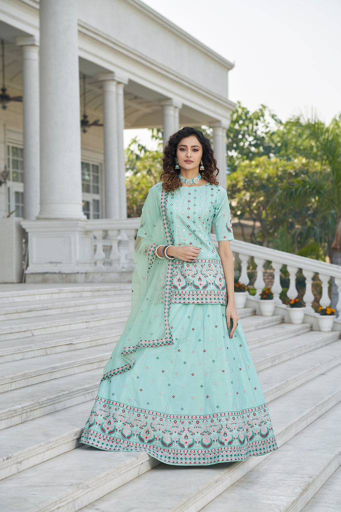 Women's Sky Blue Chinon Chiffon Thread With Sequince Embroidered Lehenga Set