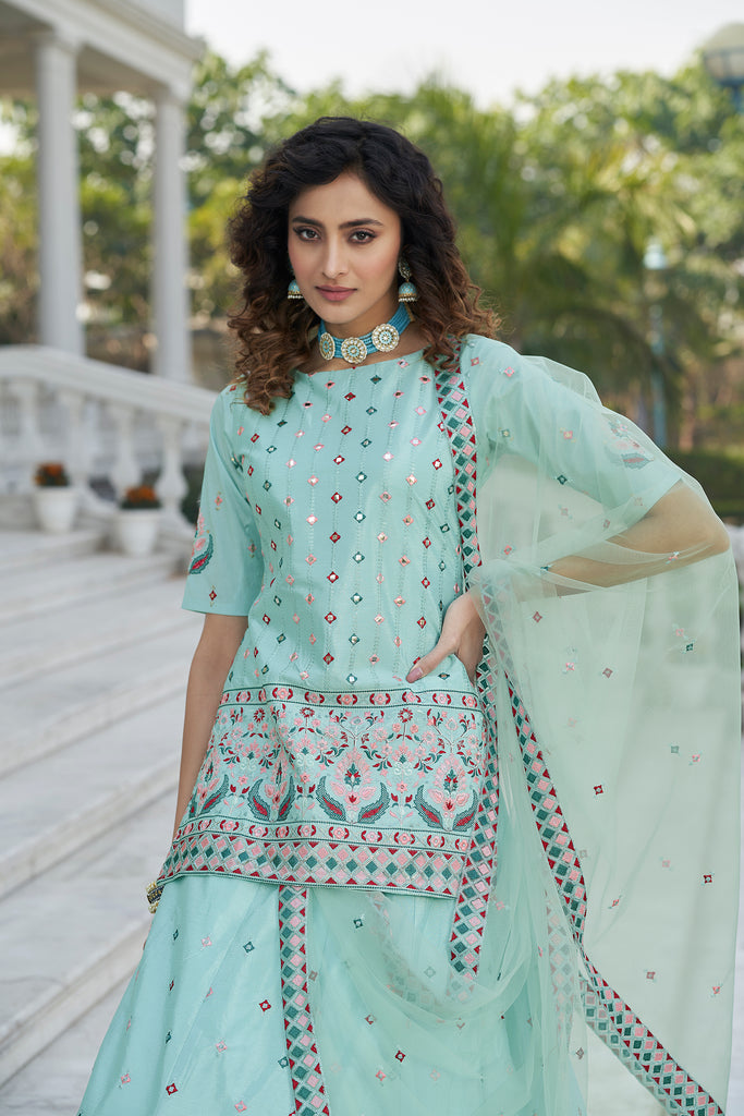 Women's Sky Blue Chinon Chiffon Thread With Sequince Embroidered Lehenga Set