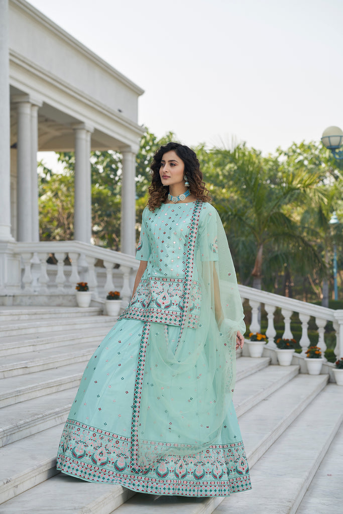 Women's Sky Blue Chinon Chiffon Thread With Sequince Embroidered Lehenga Set