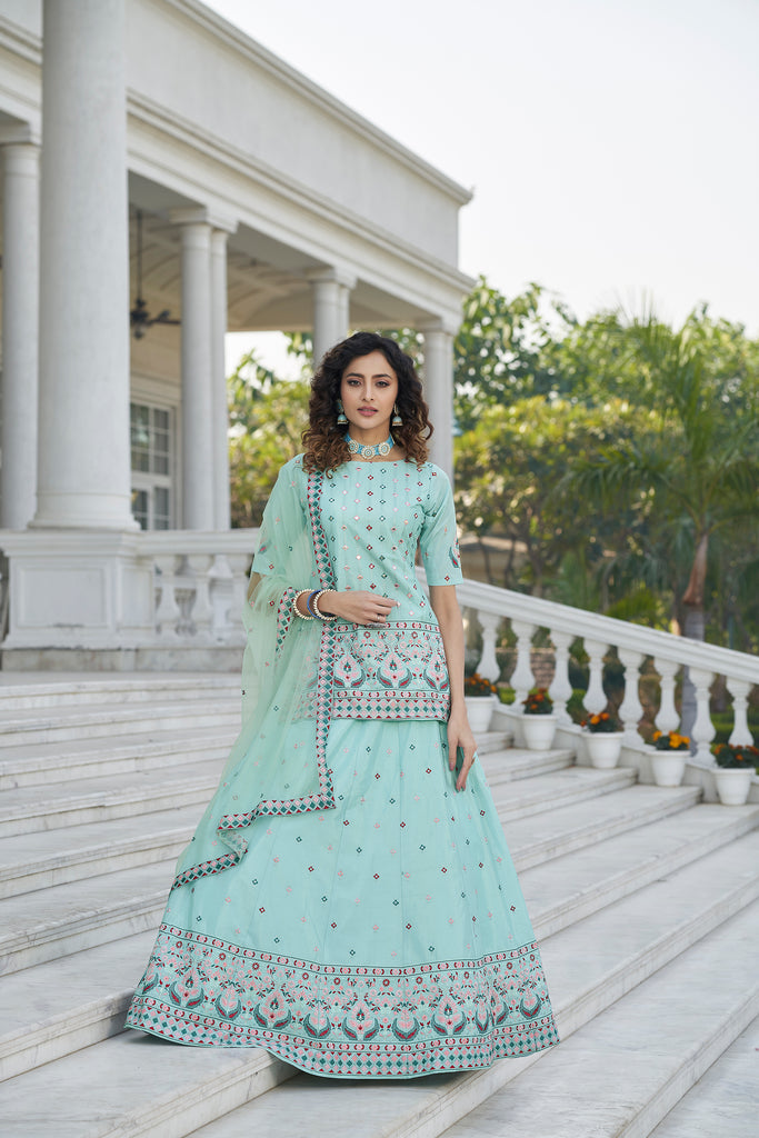Women's Sky Blue Chinon Chiffon Thread With Sequince Embroidered Lehenga Set