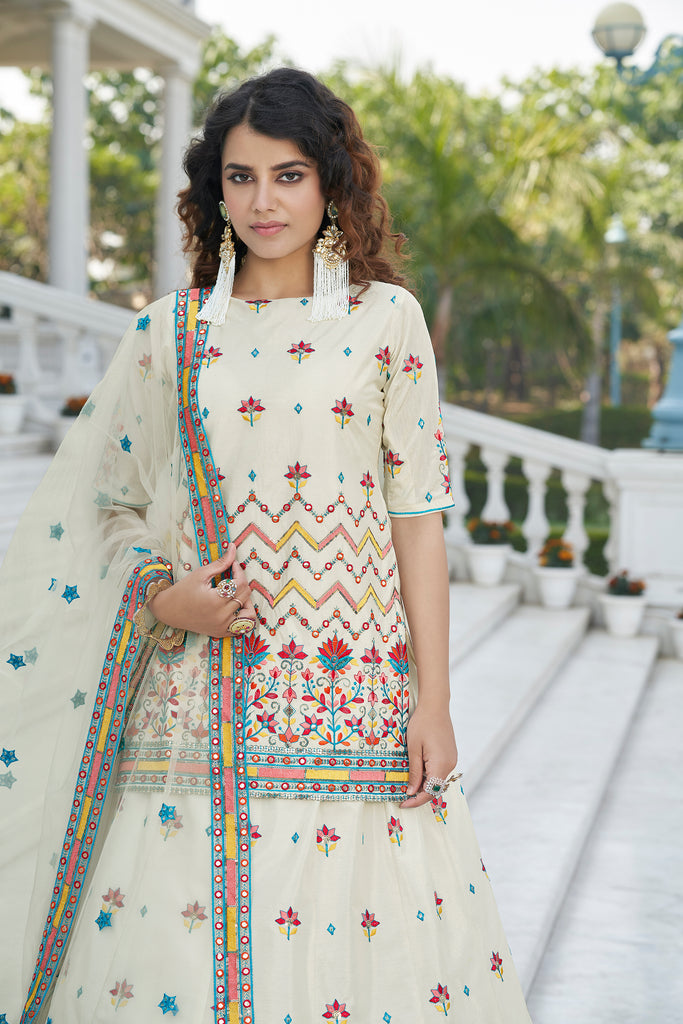 Women's Beige Chinon Chiffon Thread With Sequince Embroidered Lehenga Set