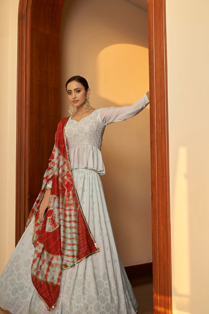 Women's Sky Blue Georgette Embellished Mukaish Lehenga Set