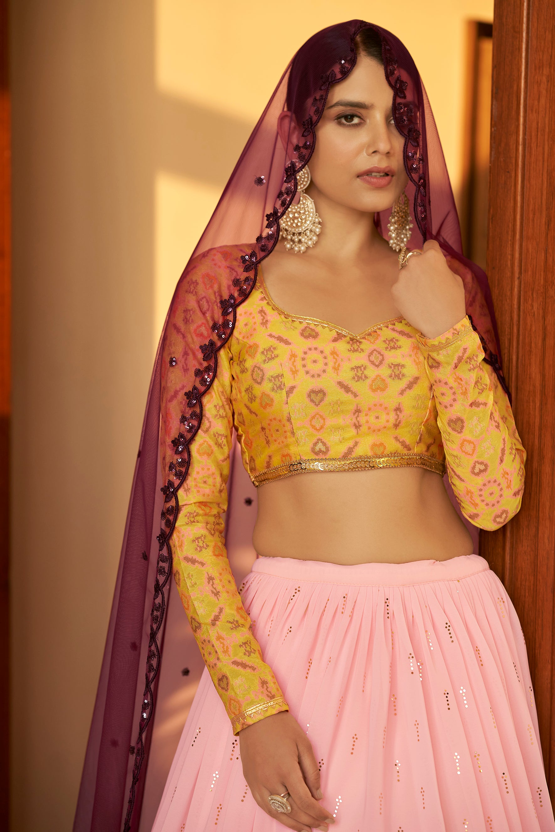 Women's Pink Georgette Embellished Mukaish Lehenga Set - Shubhkala