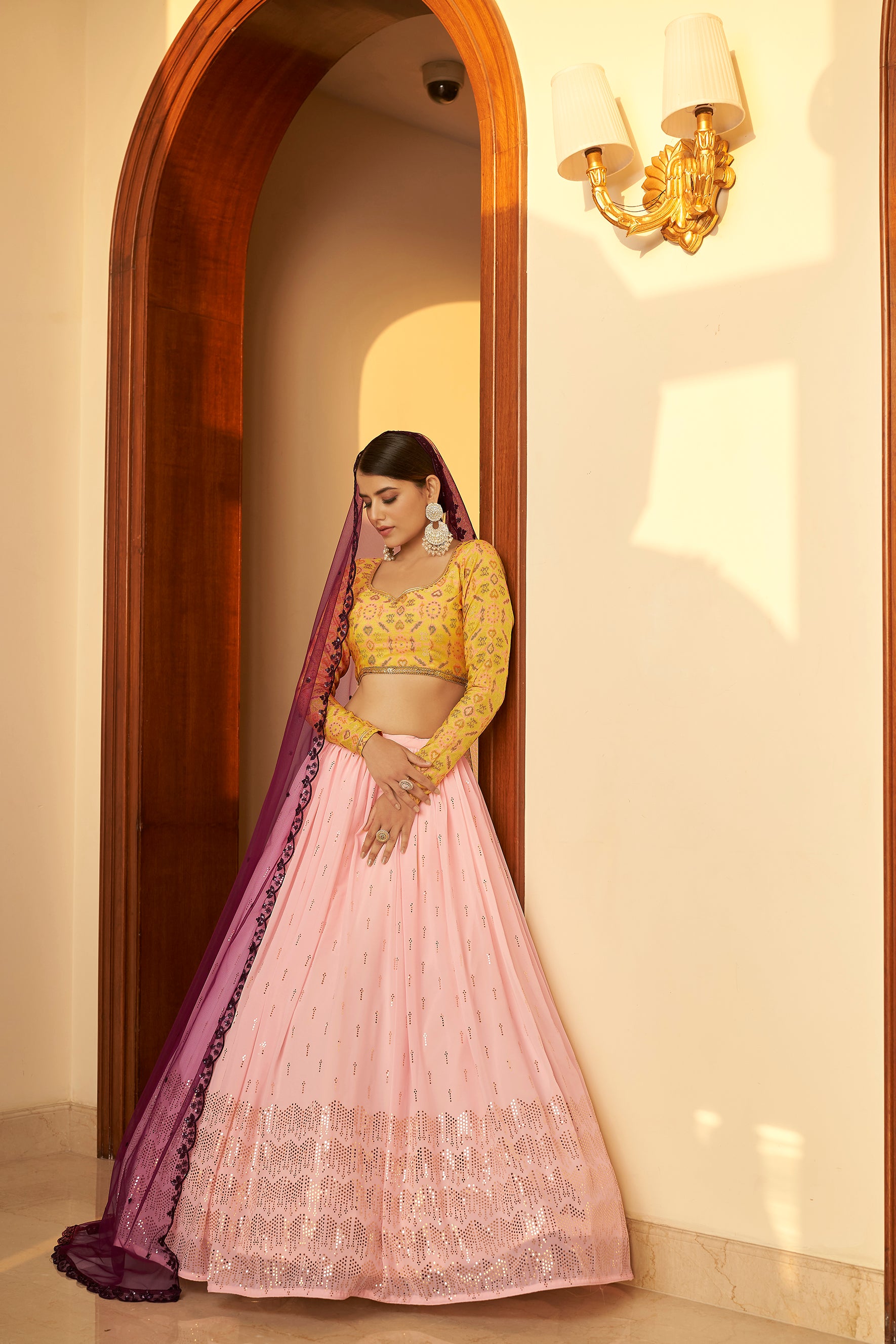 Women's Pink Georgette Embellished Mukaish Lehenga Set - Shubhkala