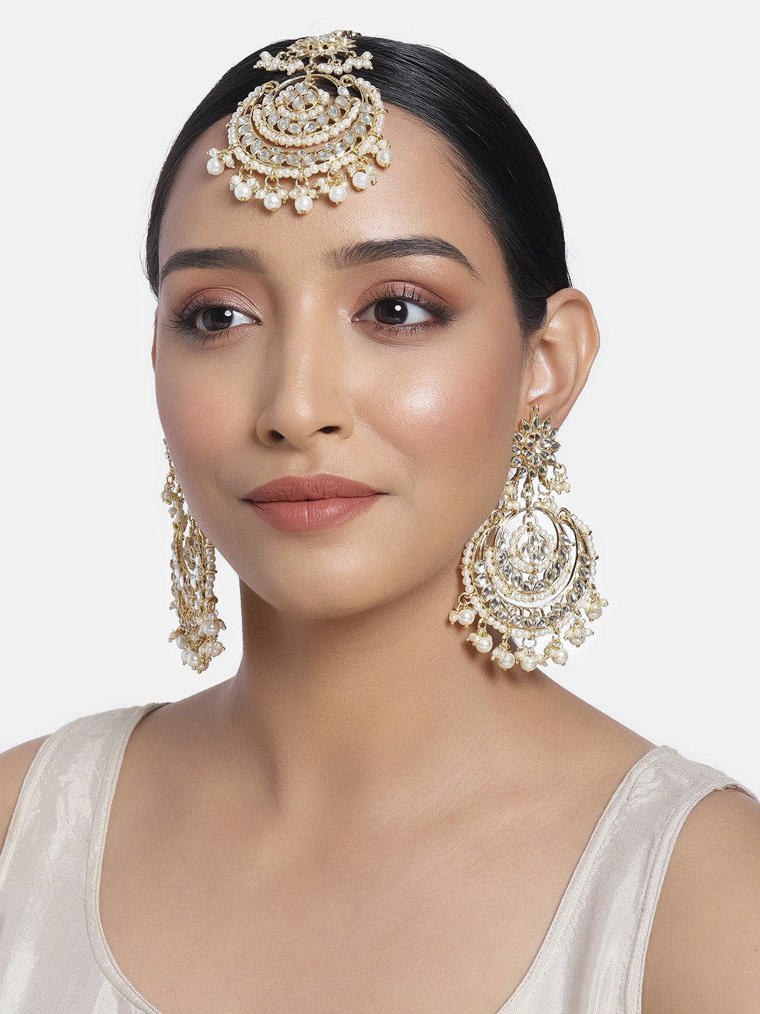 Women's Traditional Gold Plated Chandbali Kundan & Pearl Earring Set with Maang Tikka