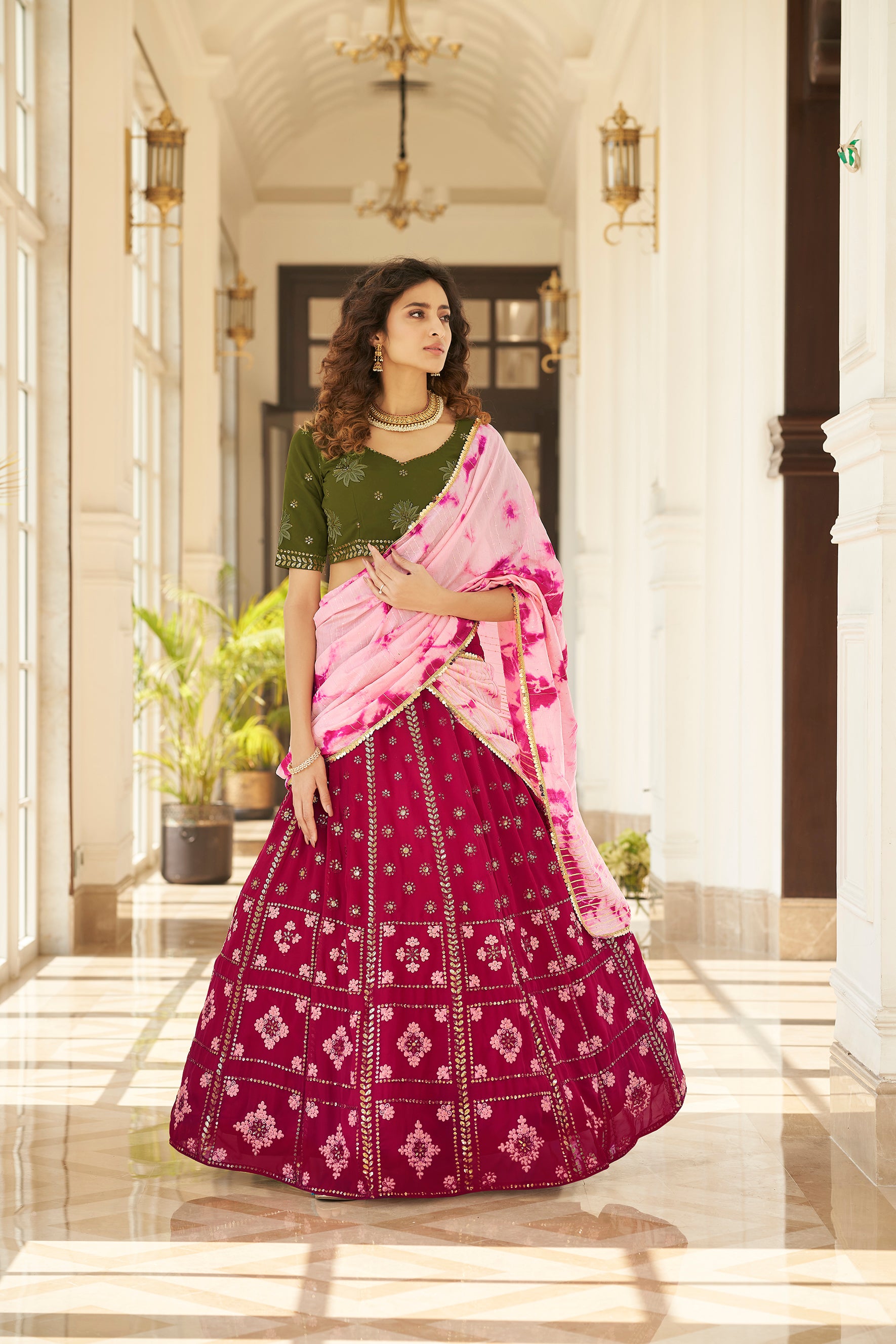 Women's Deep Pink Georgette Thread With Sequince Embroidered Lehenga Set - Shubhkala