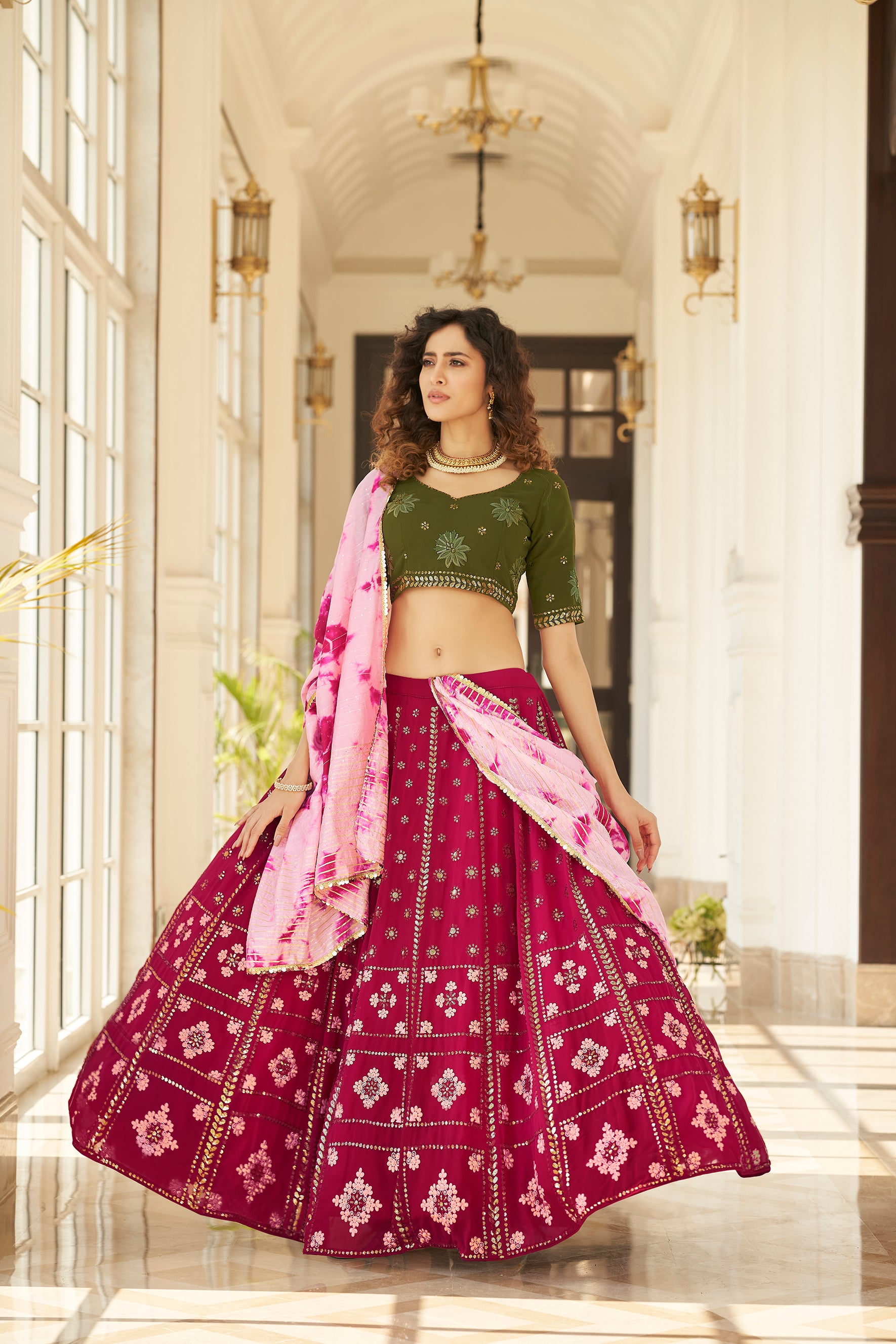 Women's Deep Pink Georgette Thread With Sequince Embroidered Lehenga Set - Shubhkala