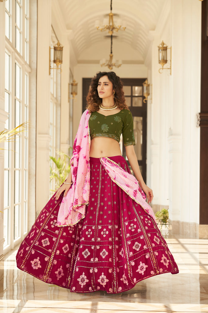 Women's Deep Pink Georgette Thread With Sequince Embroidered Lehenga Set