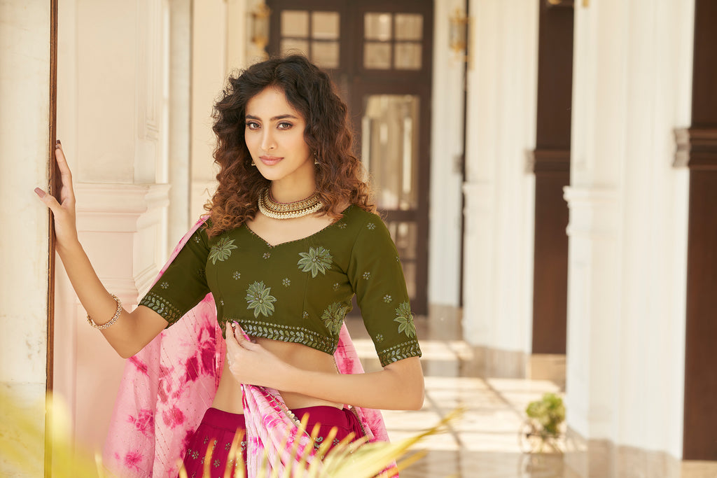 Women's Deep Pink Georgette Thread With Sequince Embroidered Lehenga Set