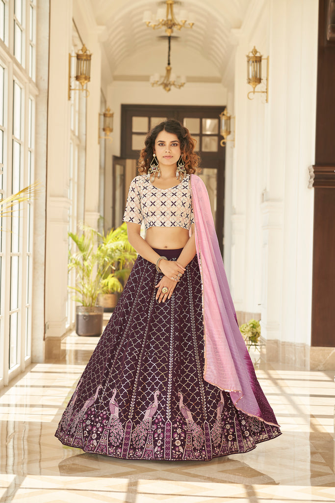 Women's Purple Georgette Thread With Multi Sequince Embroidered Lehenga Set