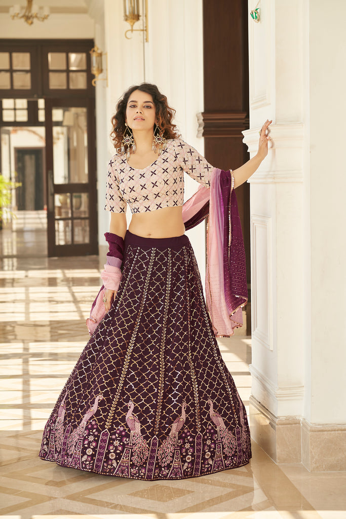 Women's Purple Georgette Thread With Multi Sequince Embroidered Lehenga Set