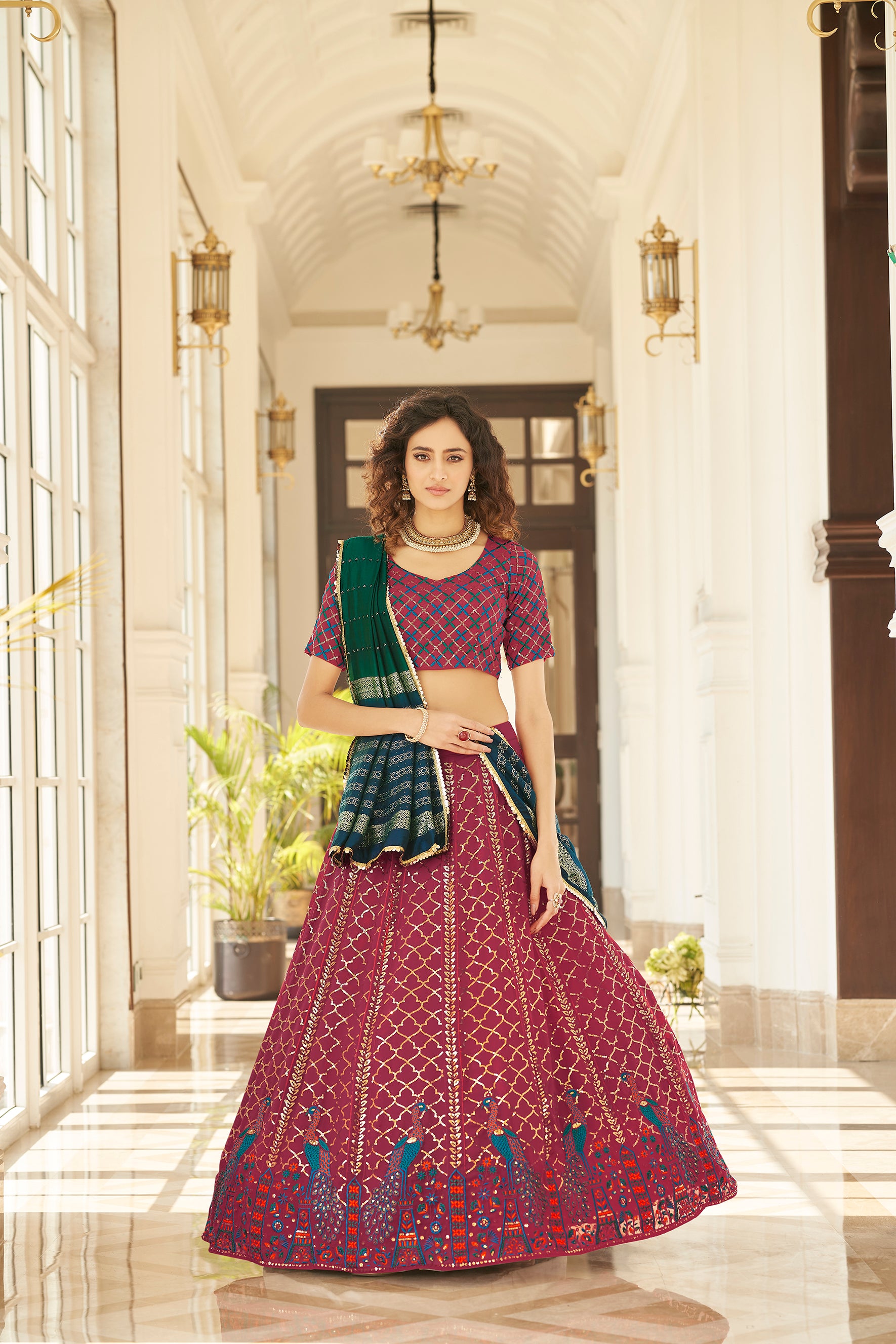 Women's Deep Pink Georgette Thread With Multi Sequince Embroidered Lehenga Set - Shubhkala