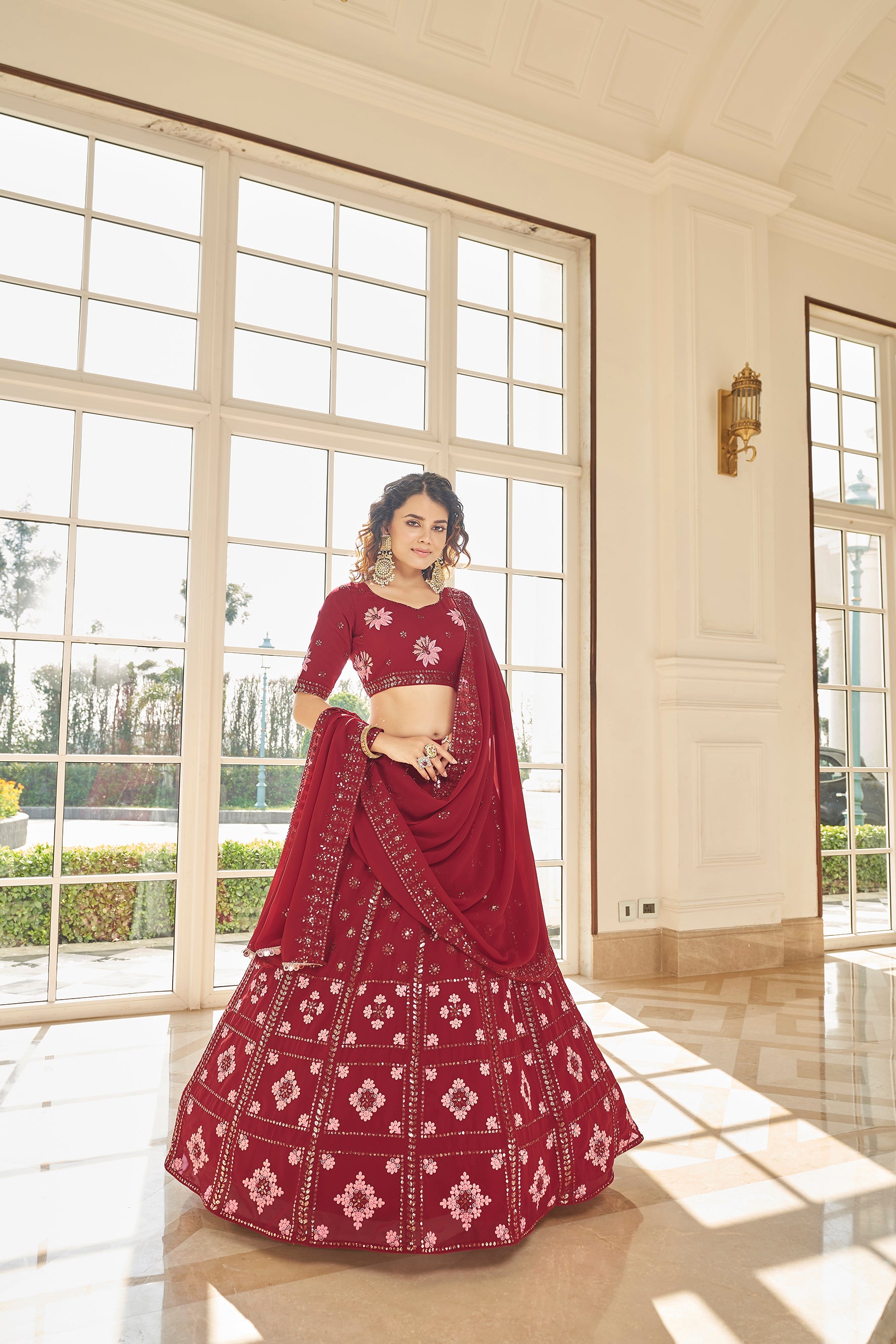 Women's Red Georgette Thread With Multi Sequince Embroidered Lehenga Set - Shubhkala