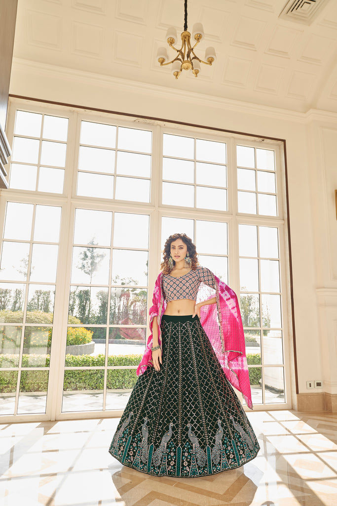Women's Green Georgette Thread With Sequince Embroidered With All Over Stone Pasting Lehenga Set