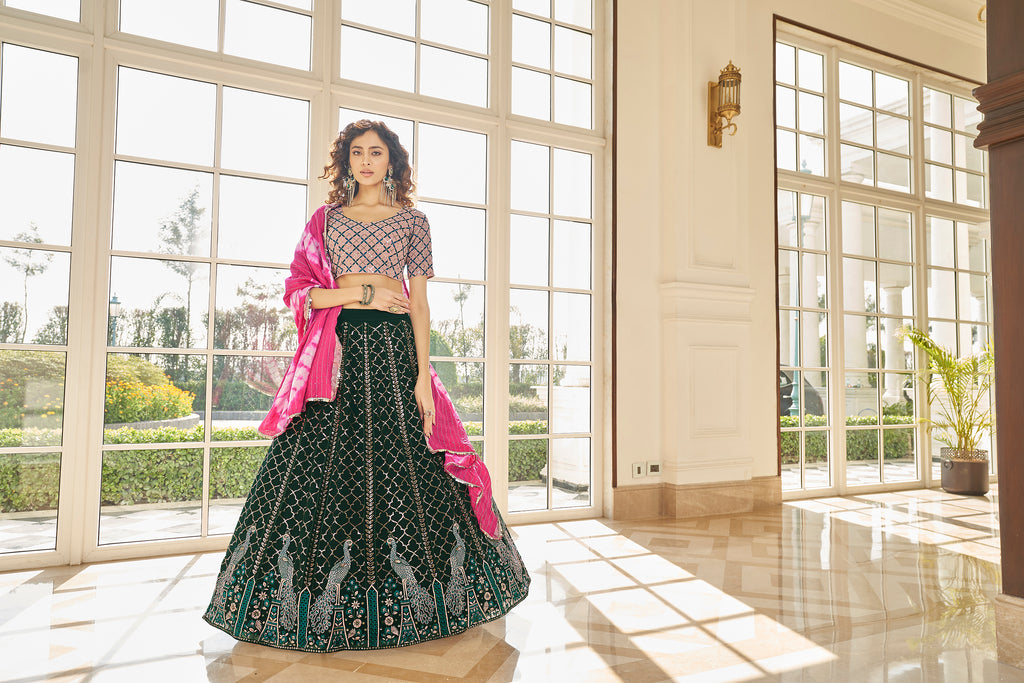 Women's Green Georgette Thread With Sequince Embroidered With All Over Stone Pasting Lehenga Set
