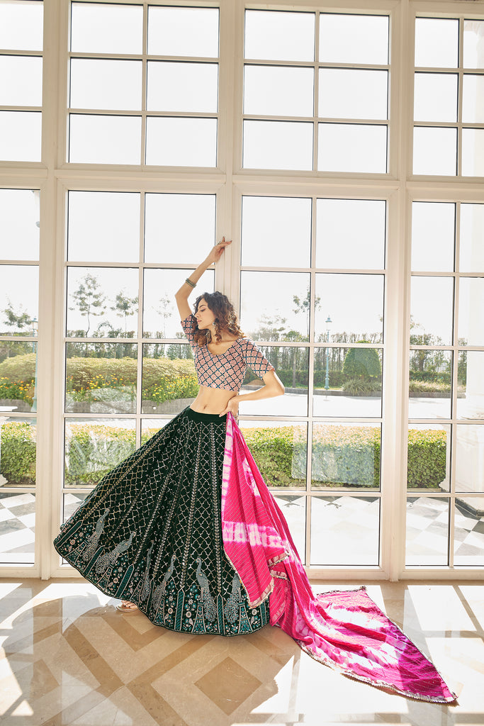 Women's Green Georgette Thread With Sequince Embroidered With All Over Stone Pasting Lehenga Set