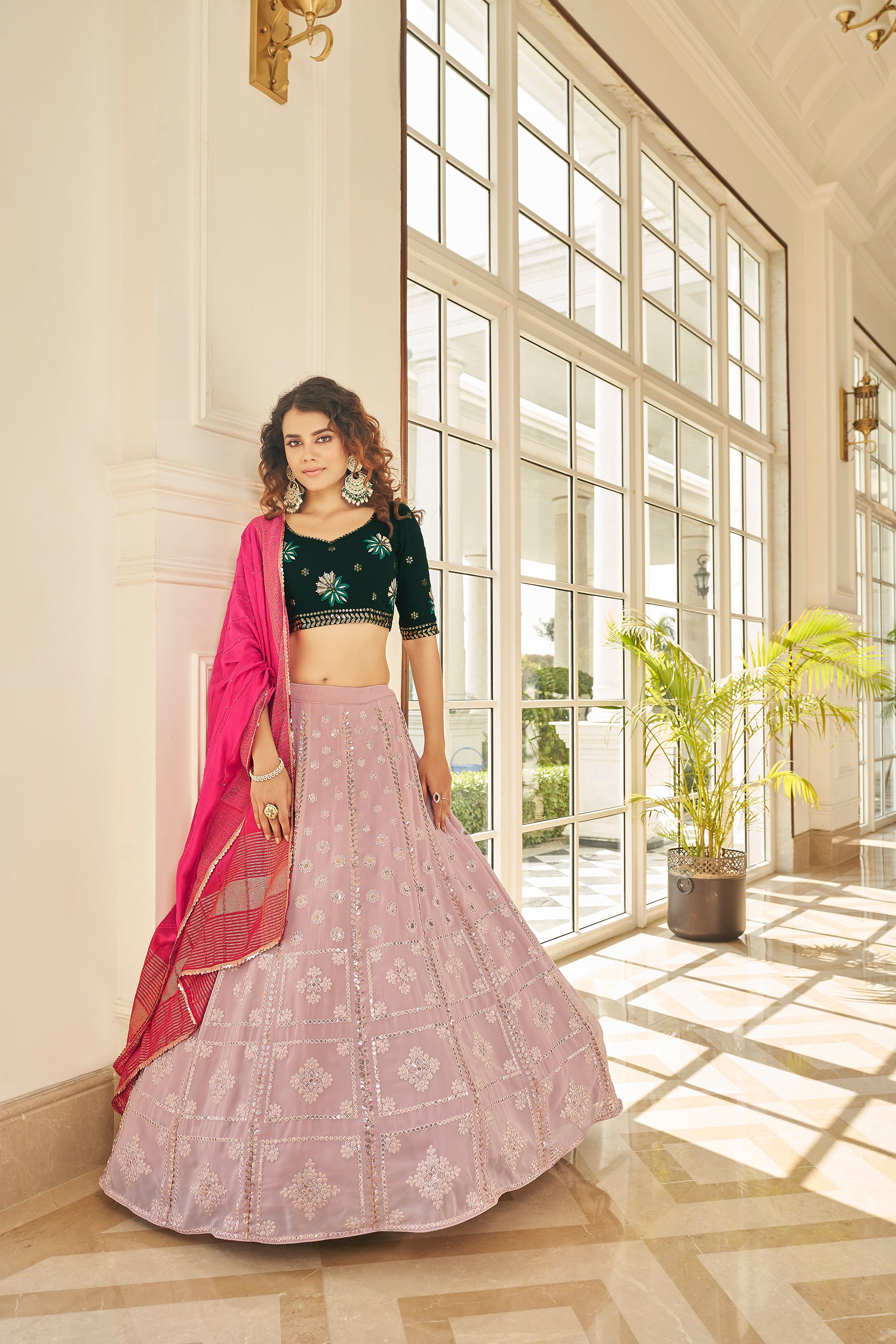 Women's Dusty Pink Georgette Thread With Sequince Embroidered With All Over Stone Pasting Lehenga Set - Shubhkala