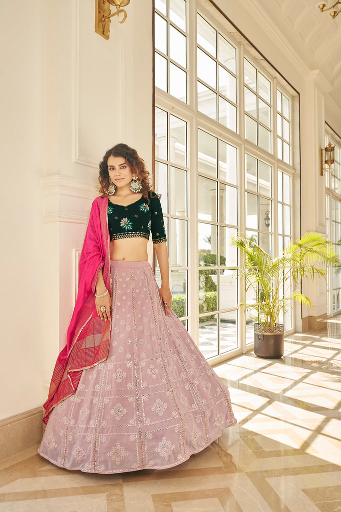 Women's Dusty Pink Georgette Thread With Sequince Embroidered With All Over Stone Pasting Lehenga Set